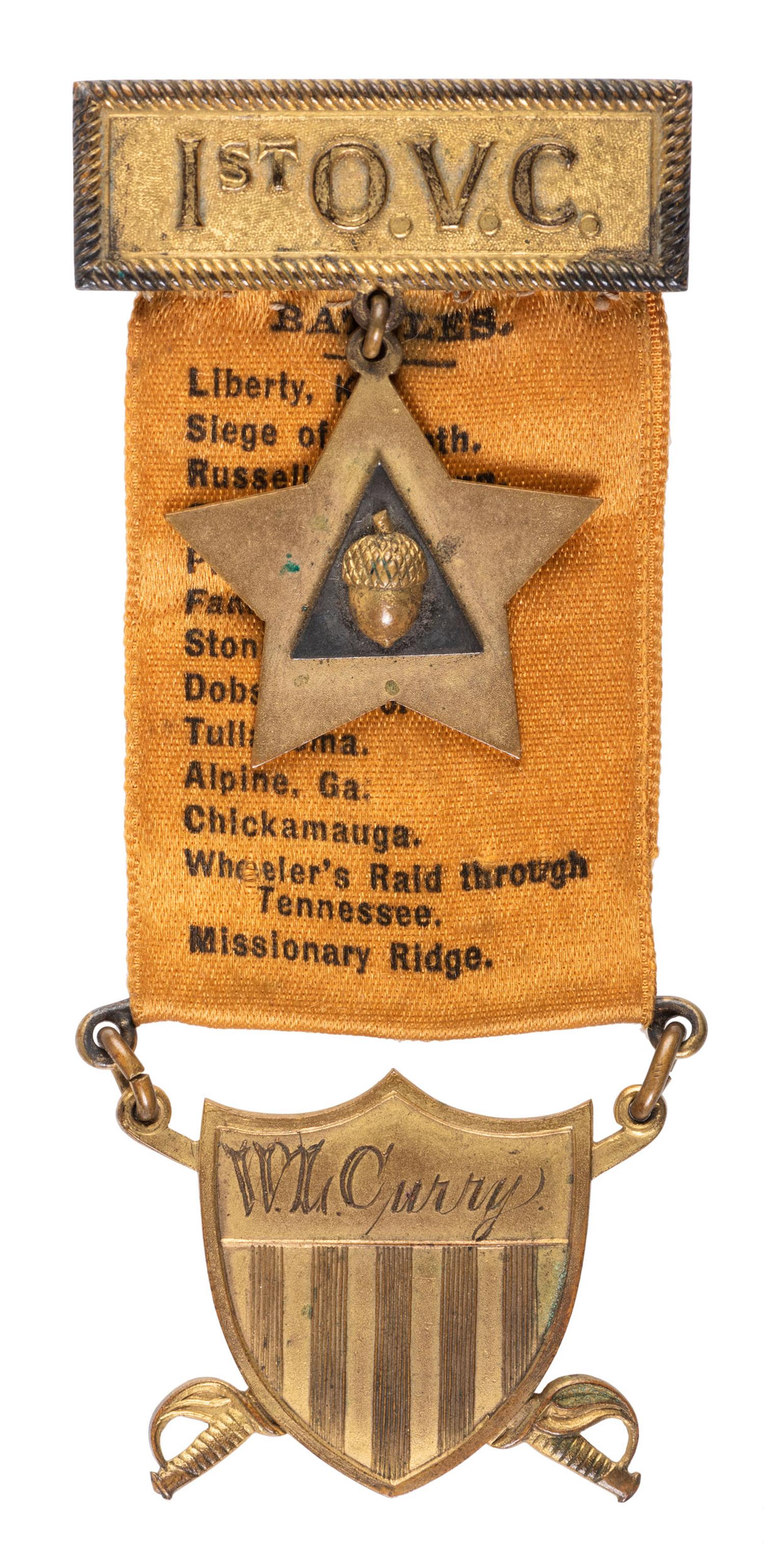 A group of 14 items identified to Captain William L. Curry, Company K, 1st Ohio Volunteer Cavalry, incl. inscribed Model 1840 US Army regulation cavalry saber, belt plate, spurs, and tintype.