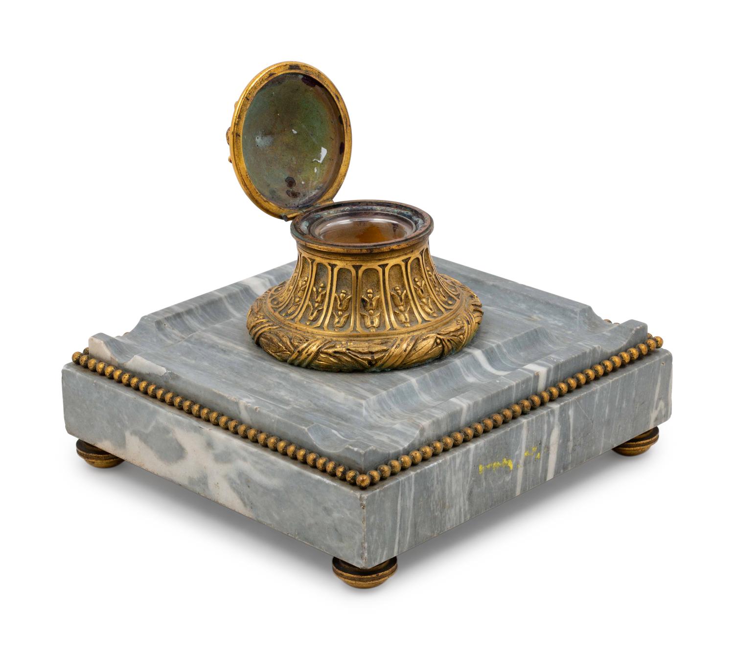 A Continental Gilt Bronze and Marble Inkwell