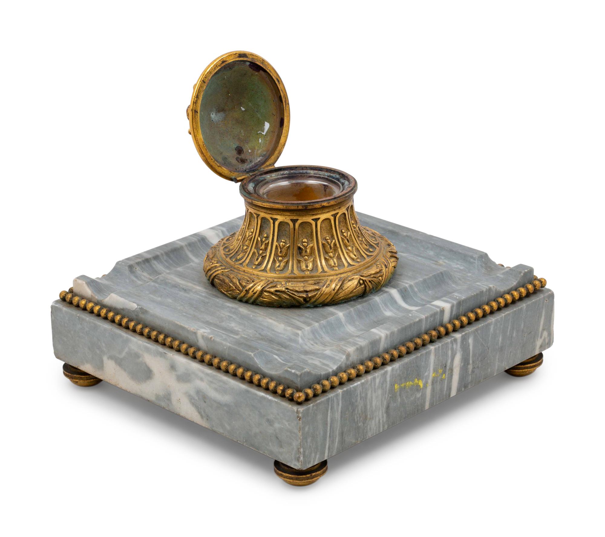 A Continental Gilt Bronze and Marble Inkwell