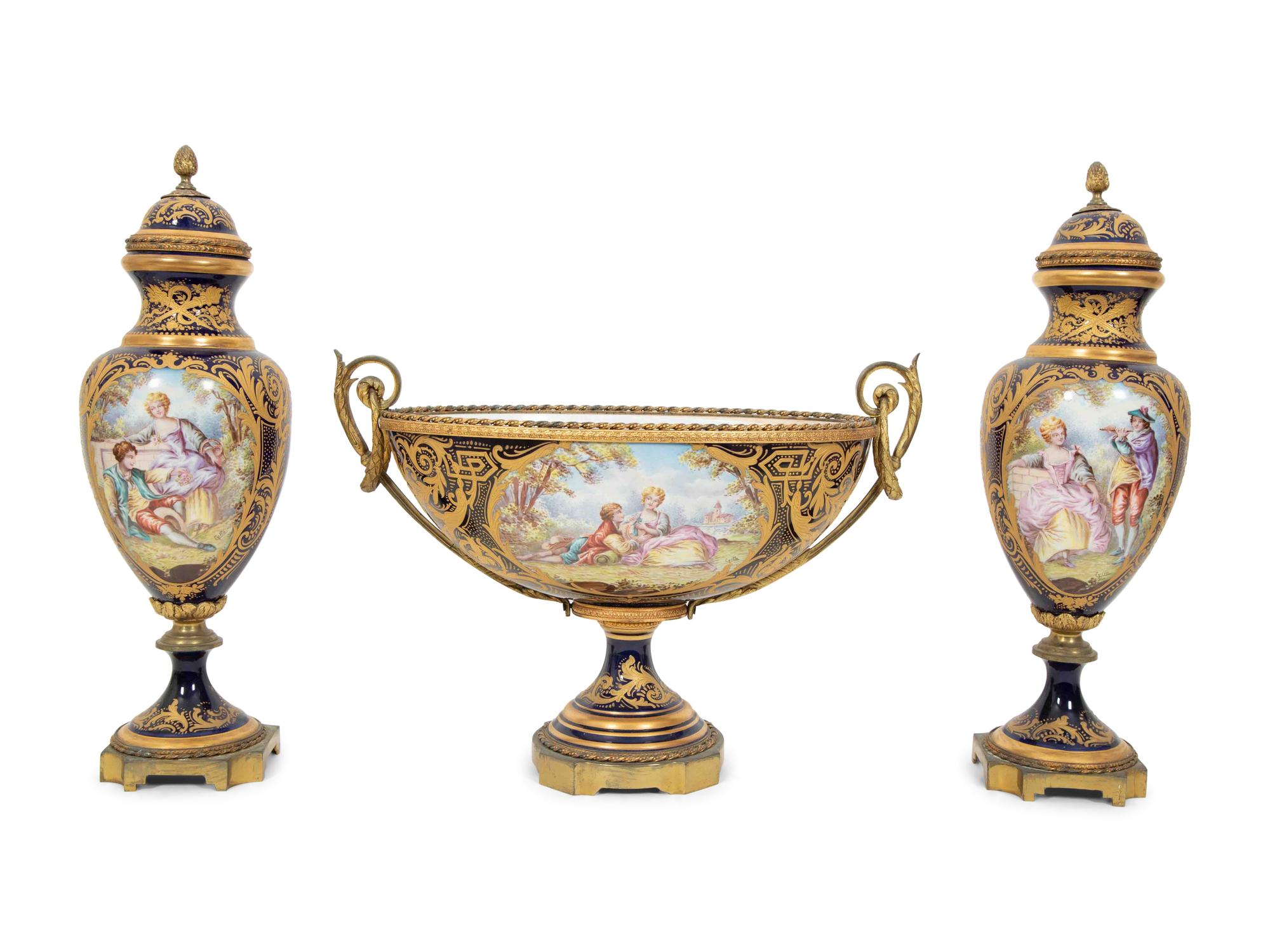 A Sèvres Style Gilt Metal Mounted Porcelain Garniture