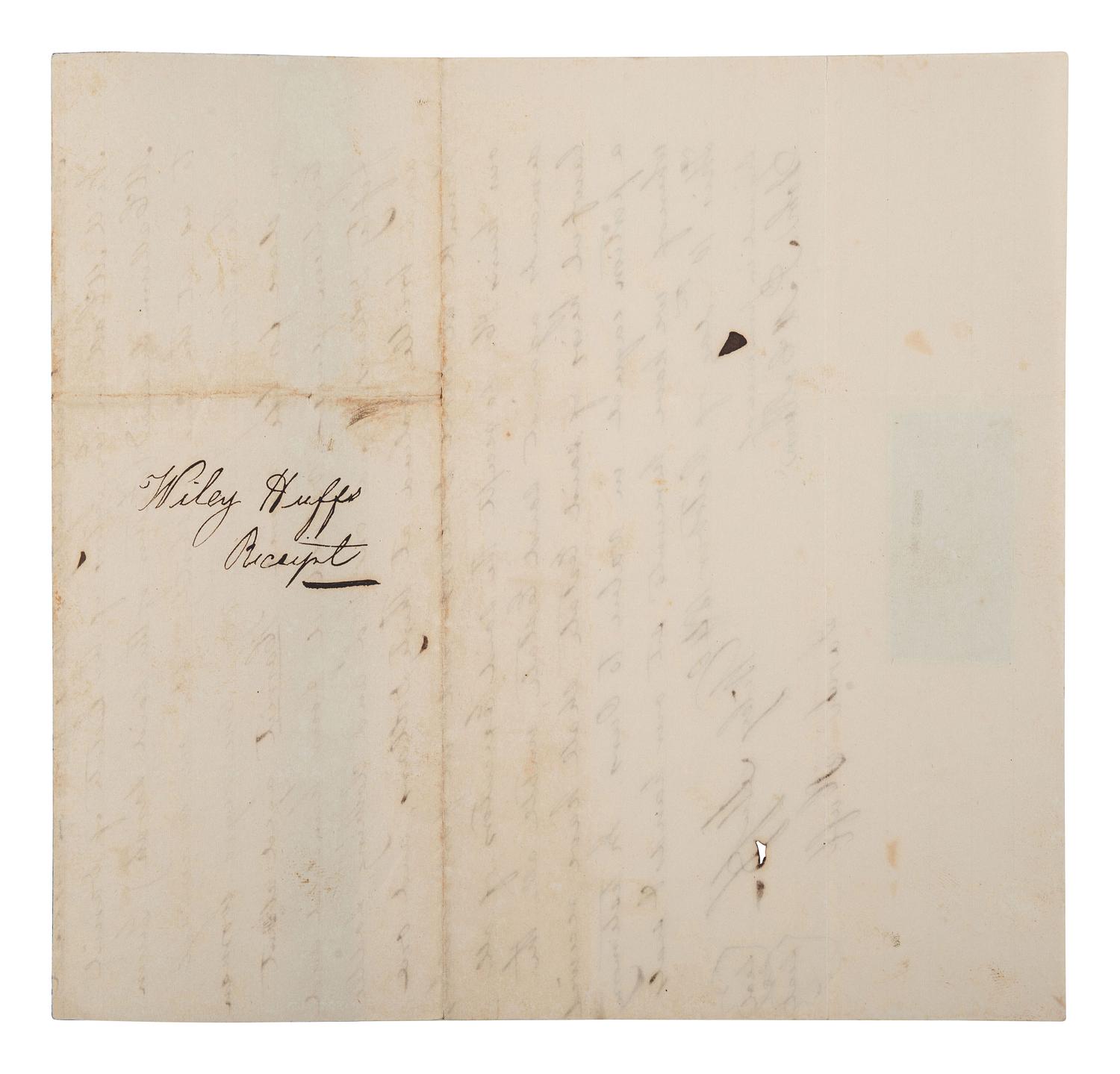 [ENSLAVEMENT & ABOLITION]. Manuscript bill of sale for an 18-year-old enslaved woman named "Harriet." Giles County, Tennessee. 10 October 1840.