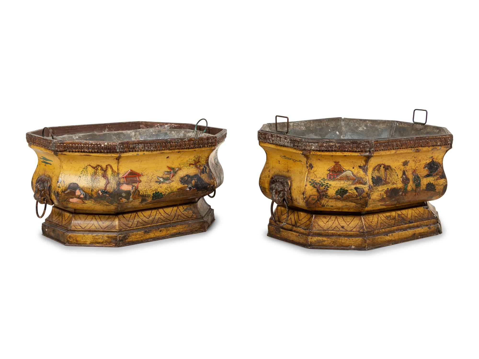 A Pair of Continental Tôle Peinte and Lead Jardinières