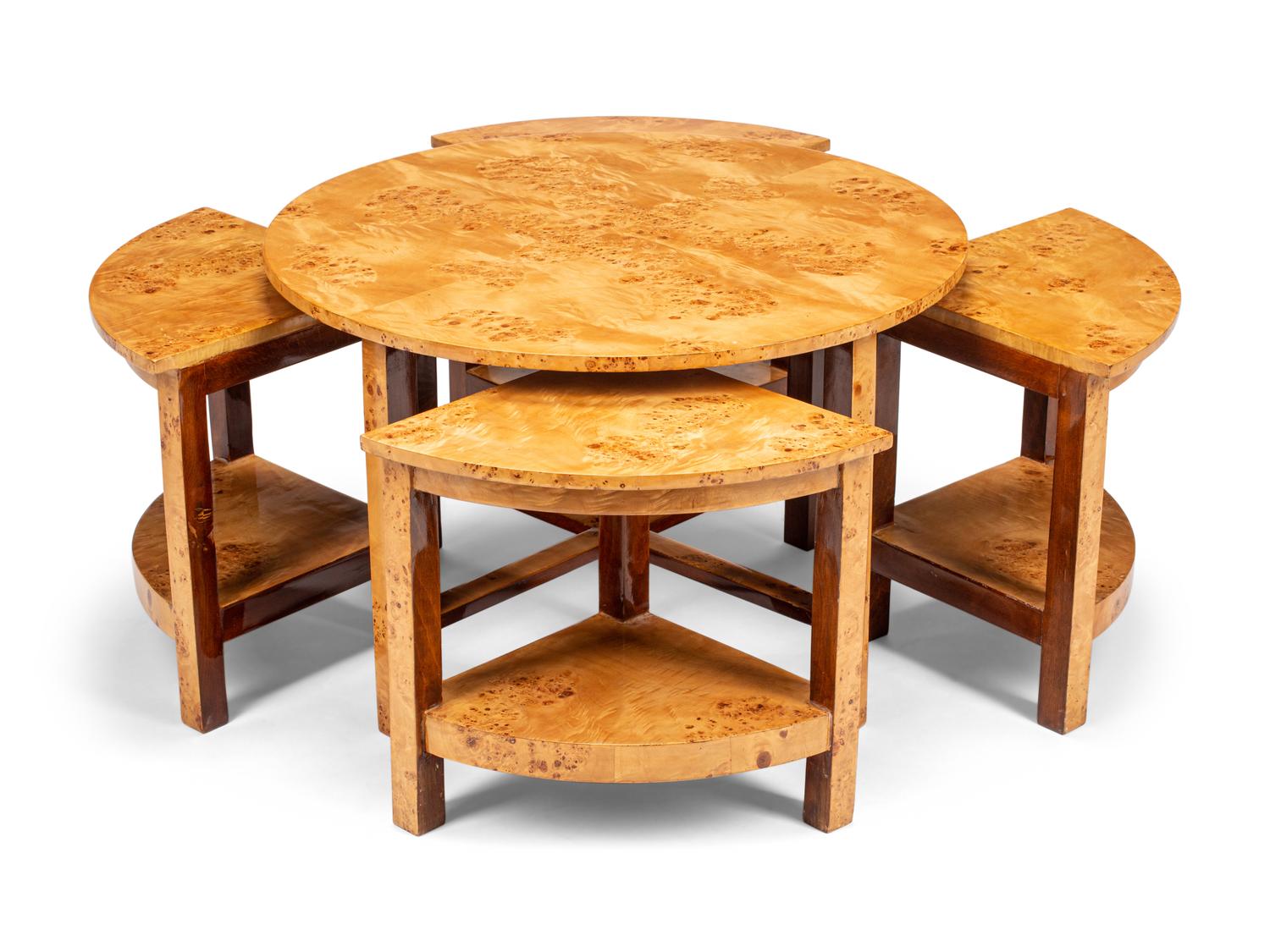 A Continental Burl Birch Five-Piece Low Nesting Table