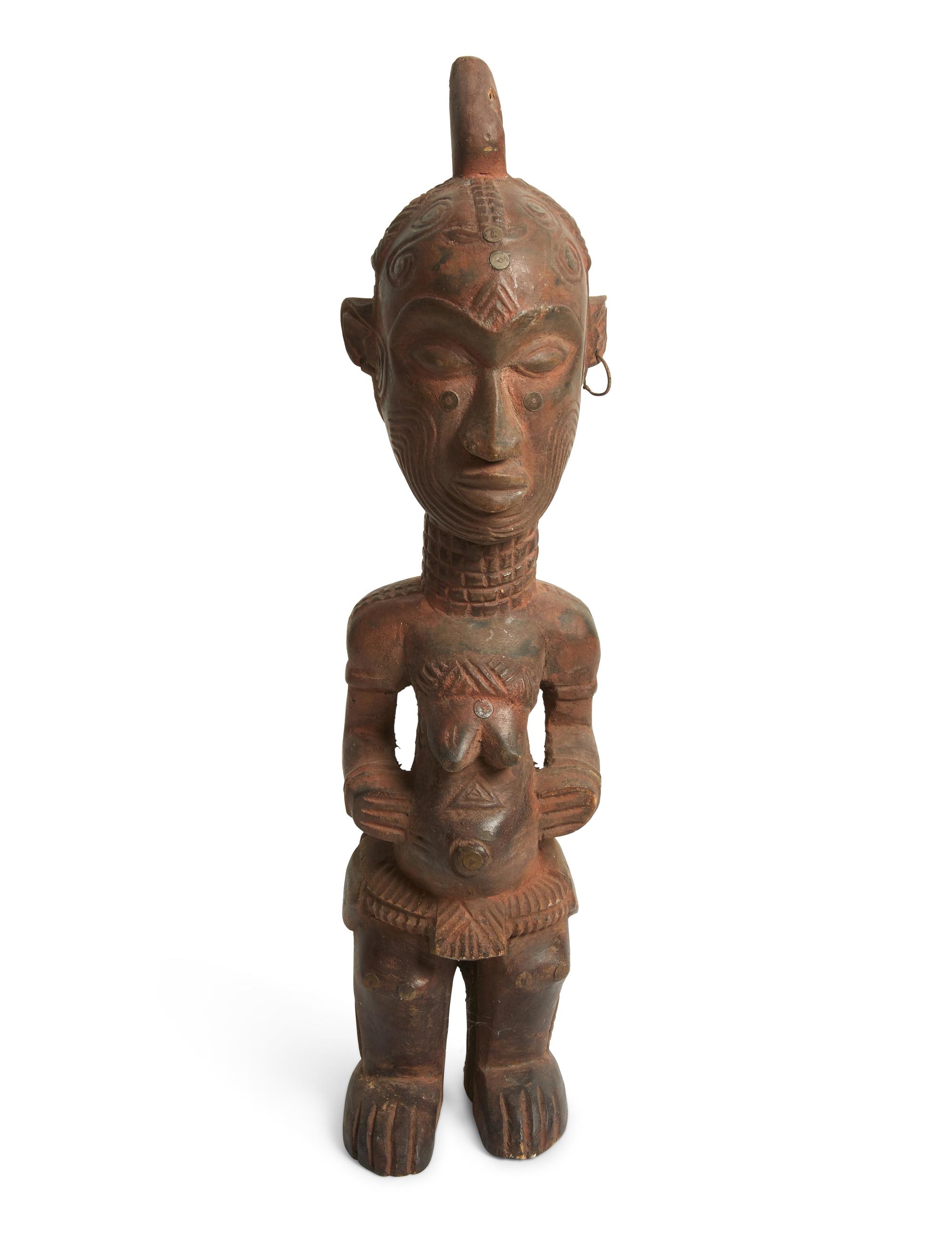 Two Luba Wood Figures with a Carved Animal Horn