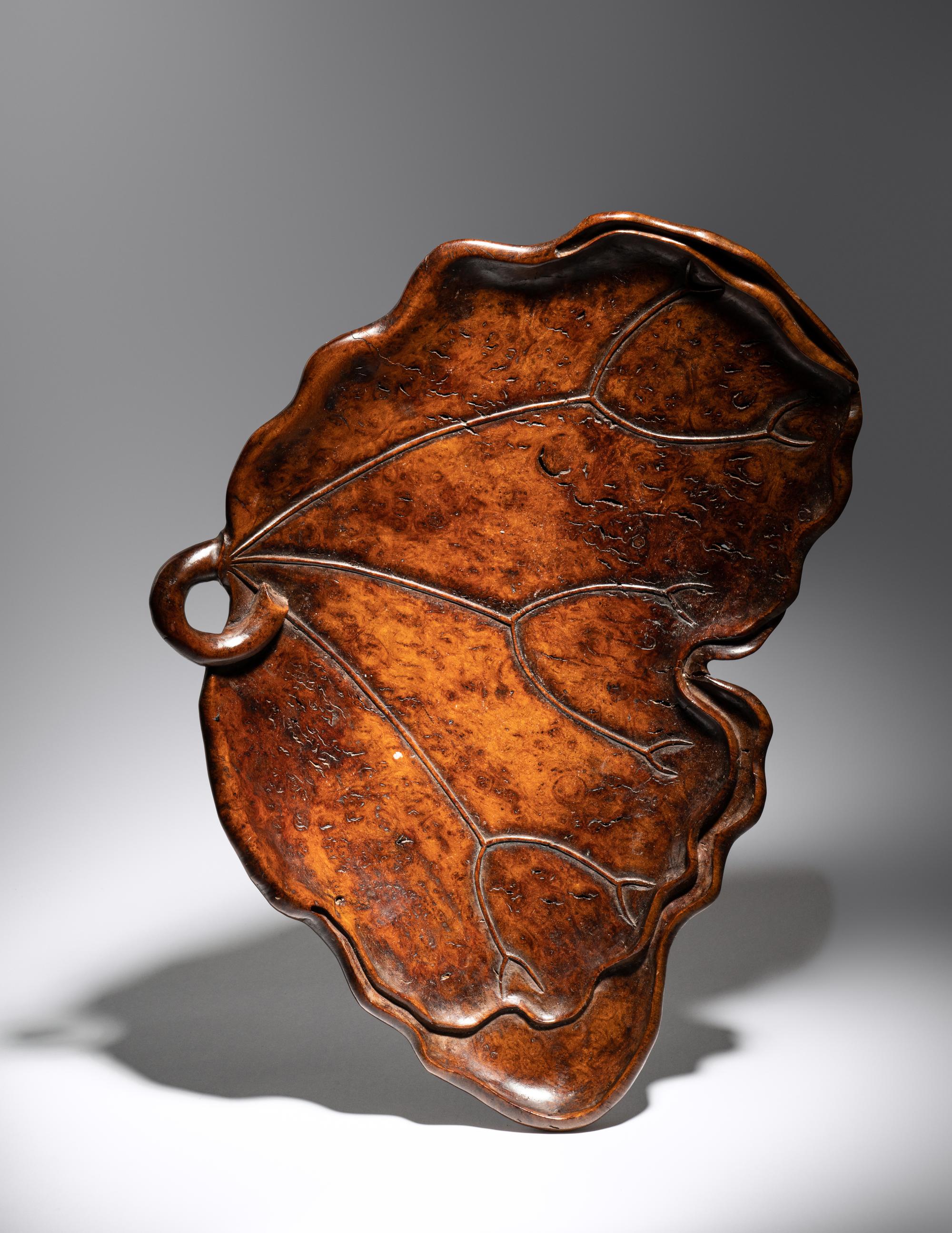 A Large Carved Burlwood 'Lotus Leaf' Tray