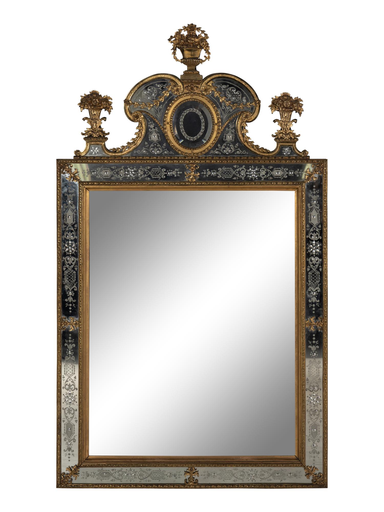 A Pair of Swedish Baroque Style Gilt Metal Mounted Etched Glass Mirrors