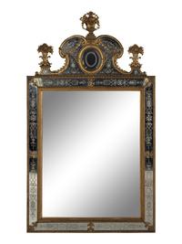 A Pair of Swedish Baroque Style Gilt Metal Mounted Etched Glass Mirrors