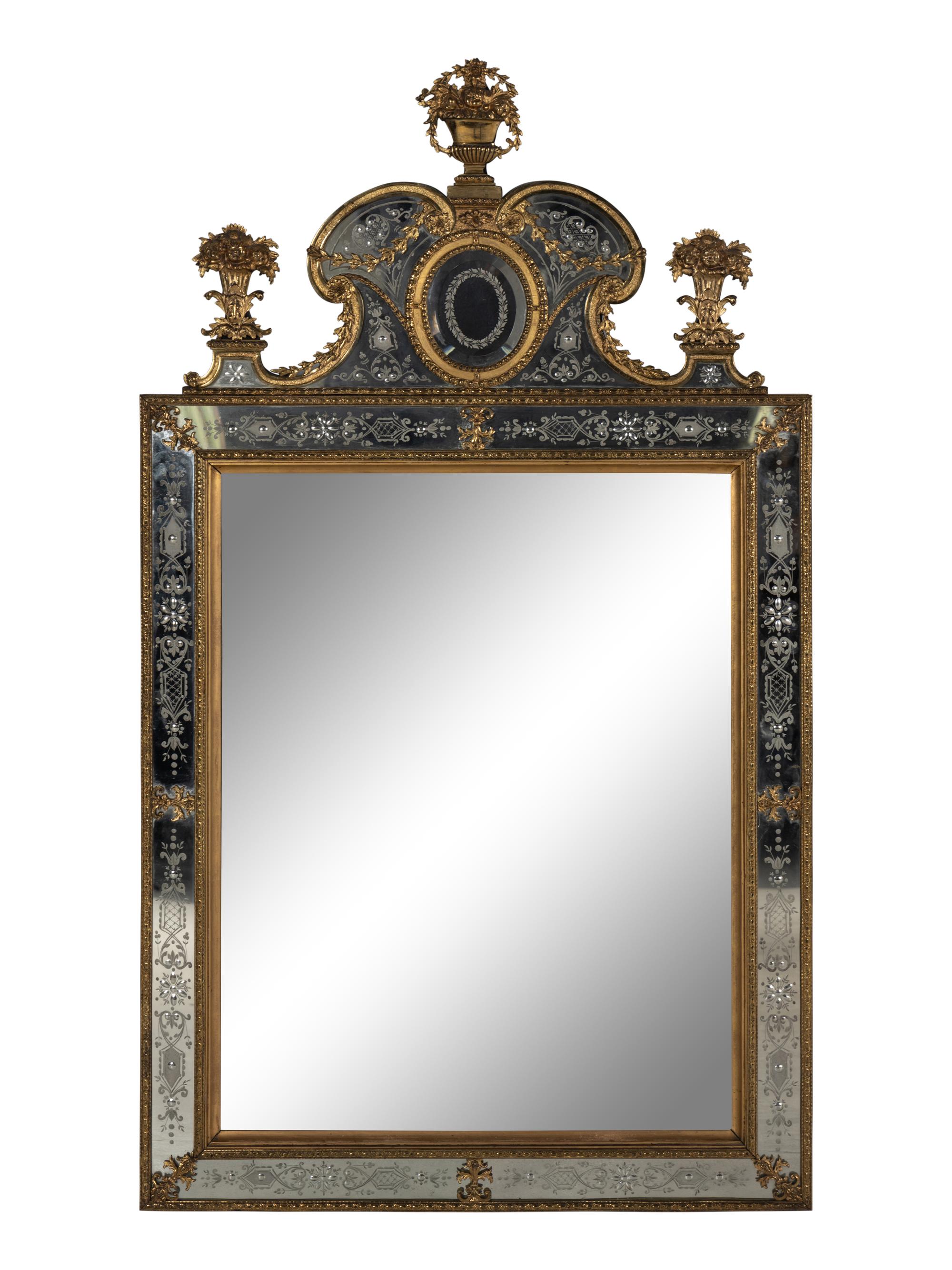 A Pair of Swedish Baroque Style Gilt Metal Mounted Etched Glass Mirrors