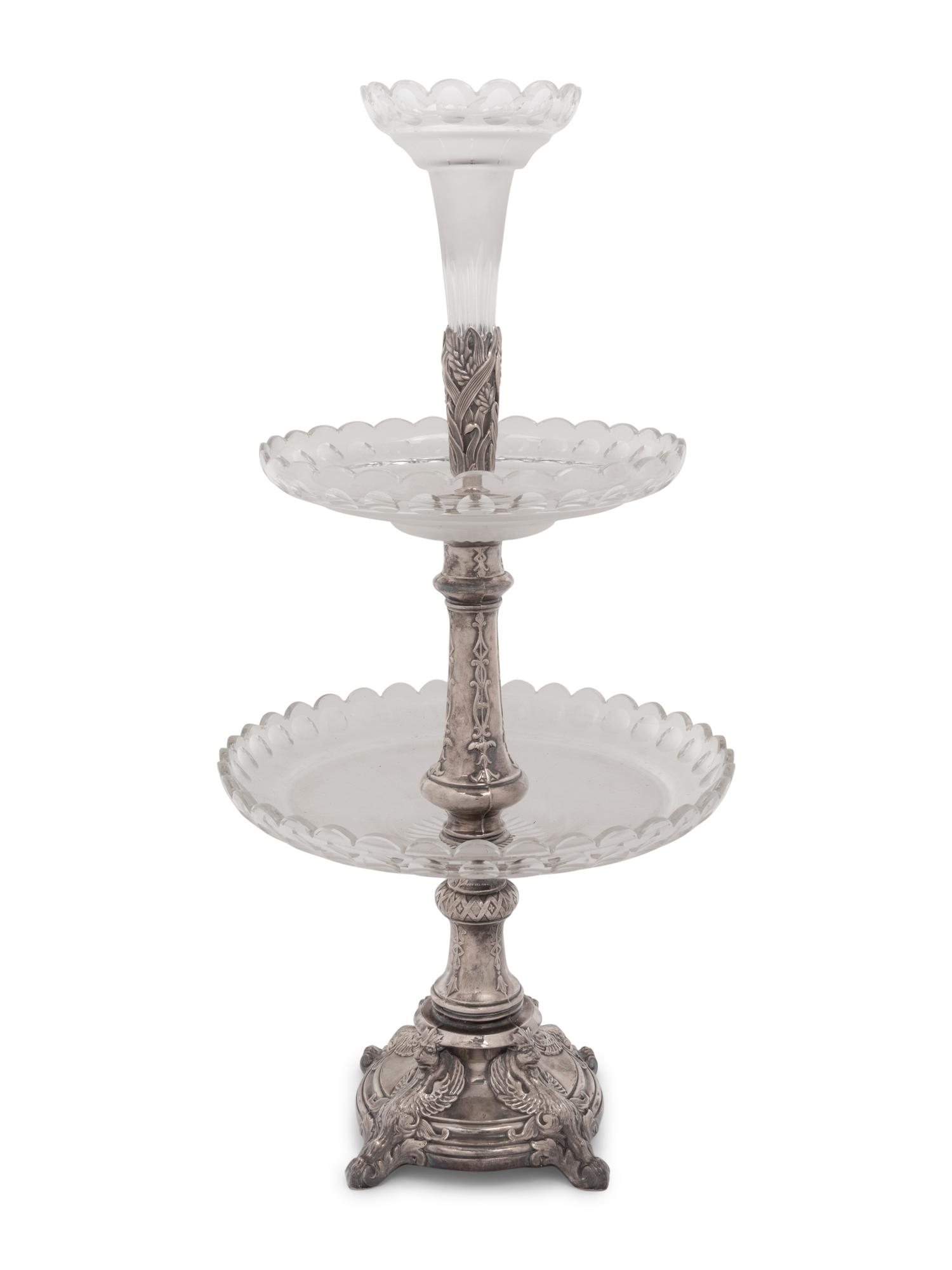 A Russian Silver-Plate and Cut Glass Two-Tier Dessert Stand
