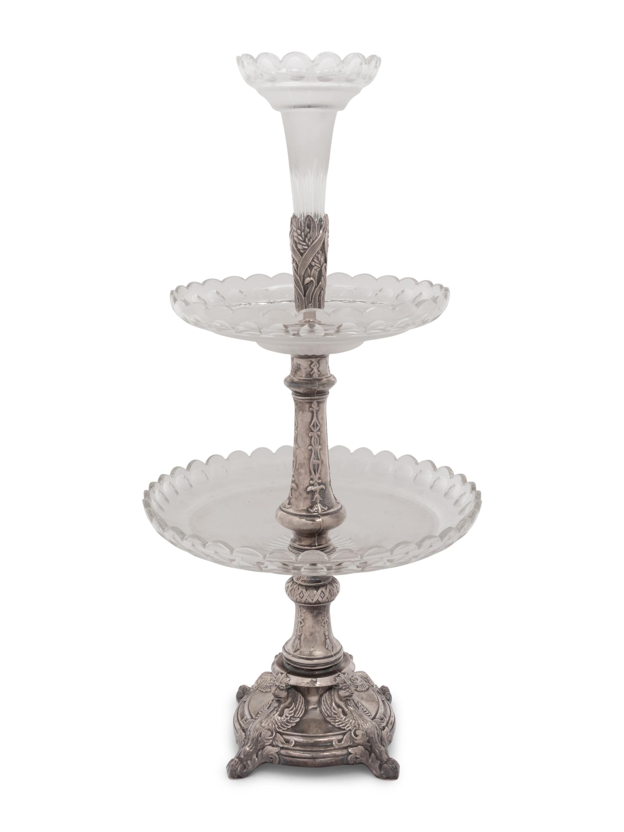 A Russian Silver-Plate and Cut Glass Two-Tier Dessert Stand