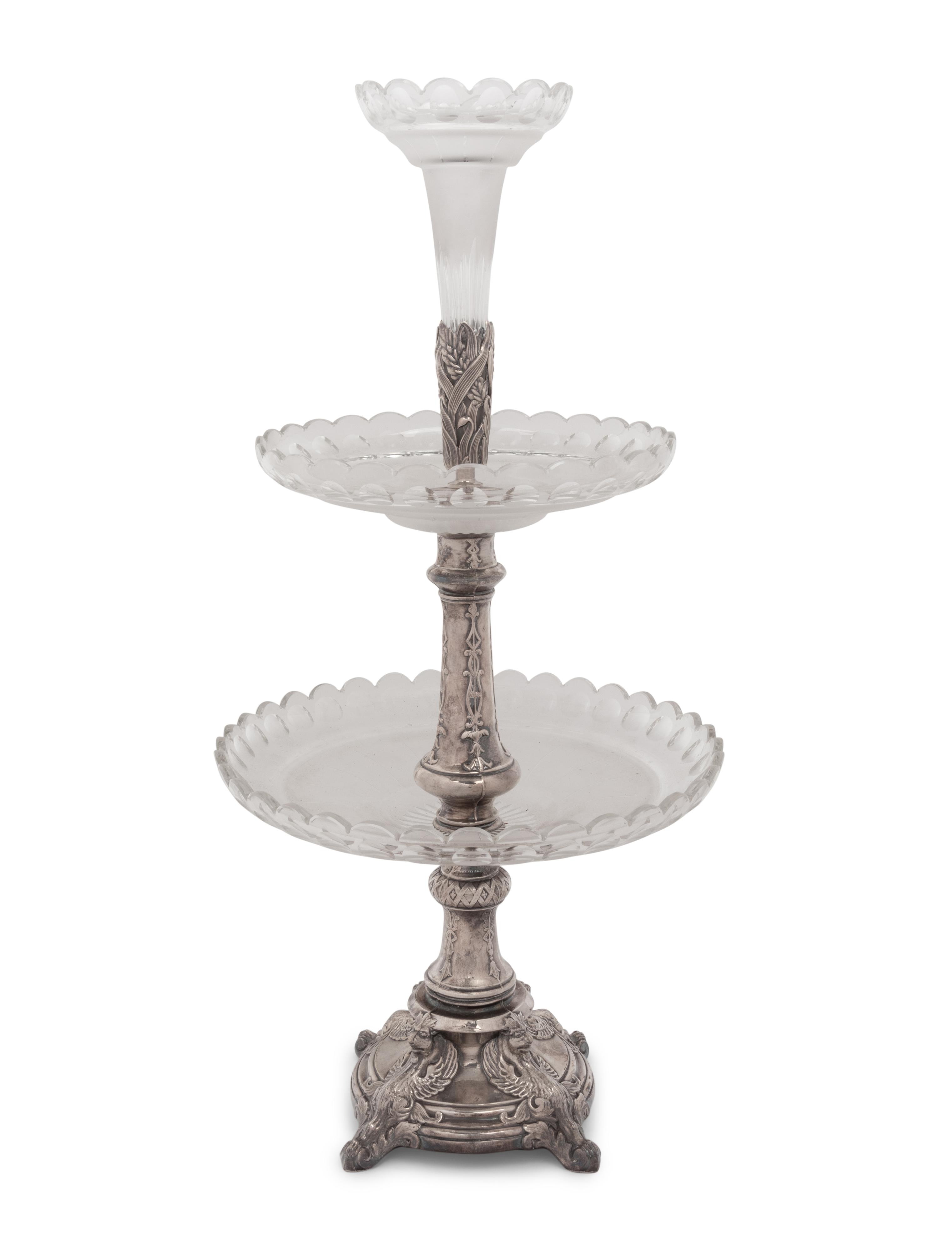 A Russian Silver-Plate and Cut Glass Two-Tier Dessert Stand