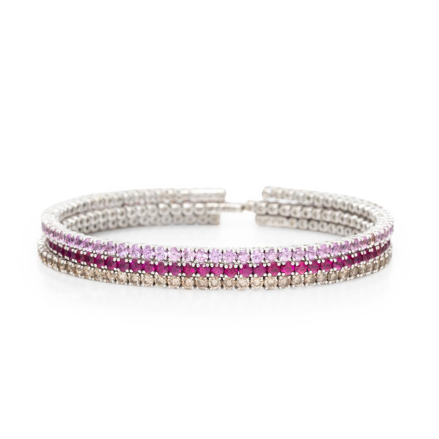 SET OF WHITE GOLD AND GEMSTONE FLEXIBLE STACKING CUFF BRACELETS