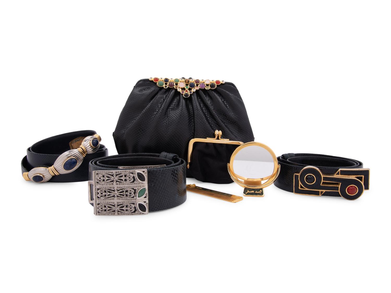 Four Judith Leiber Snakeskin Items: One Hand Bag and Three Belts