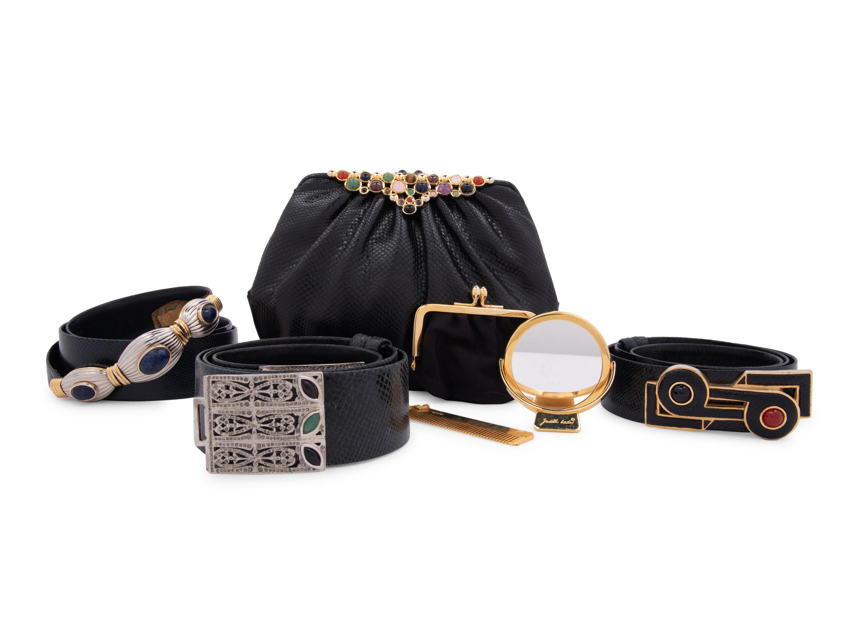 Four Judith Leiber Snakeskin Items: One Hand Bag and Three Belts