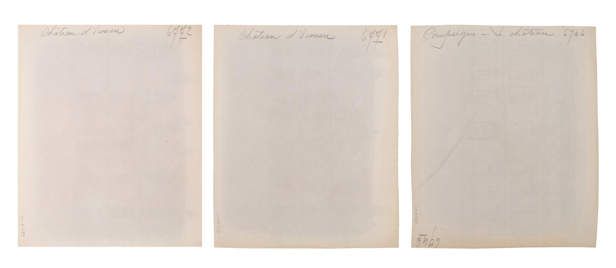 A group of three photographs (Compiègne–le Château , 1910; Château d'Écouen [6771] , 1911; Château d'Écouen [6772] , 1911)