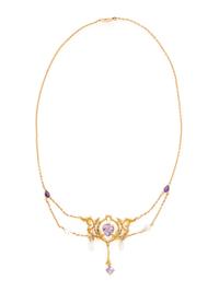 ART NOUVEAU, YELLOW GOLD, AMETHYST AND CULTURED PEARL NECKLACE