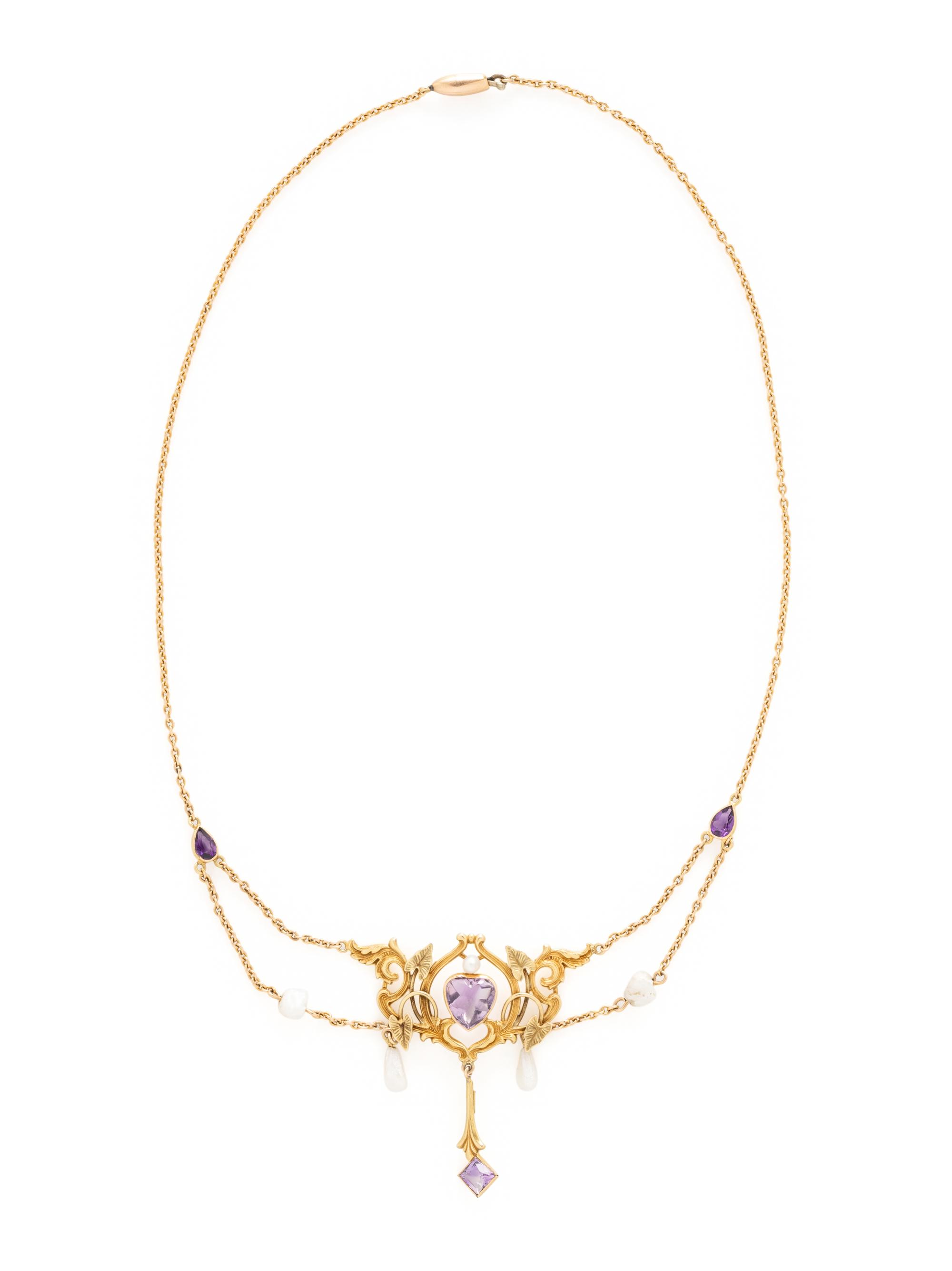 ART NOUVEAU, YELLOW GOLD, AMETHYST AND CULTURED PEARL NECKLACE