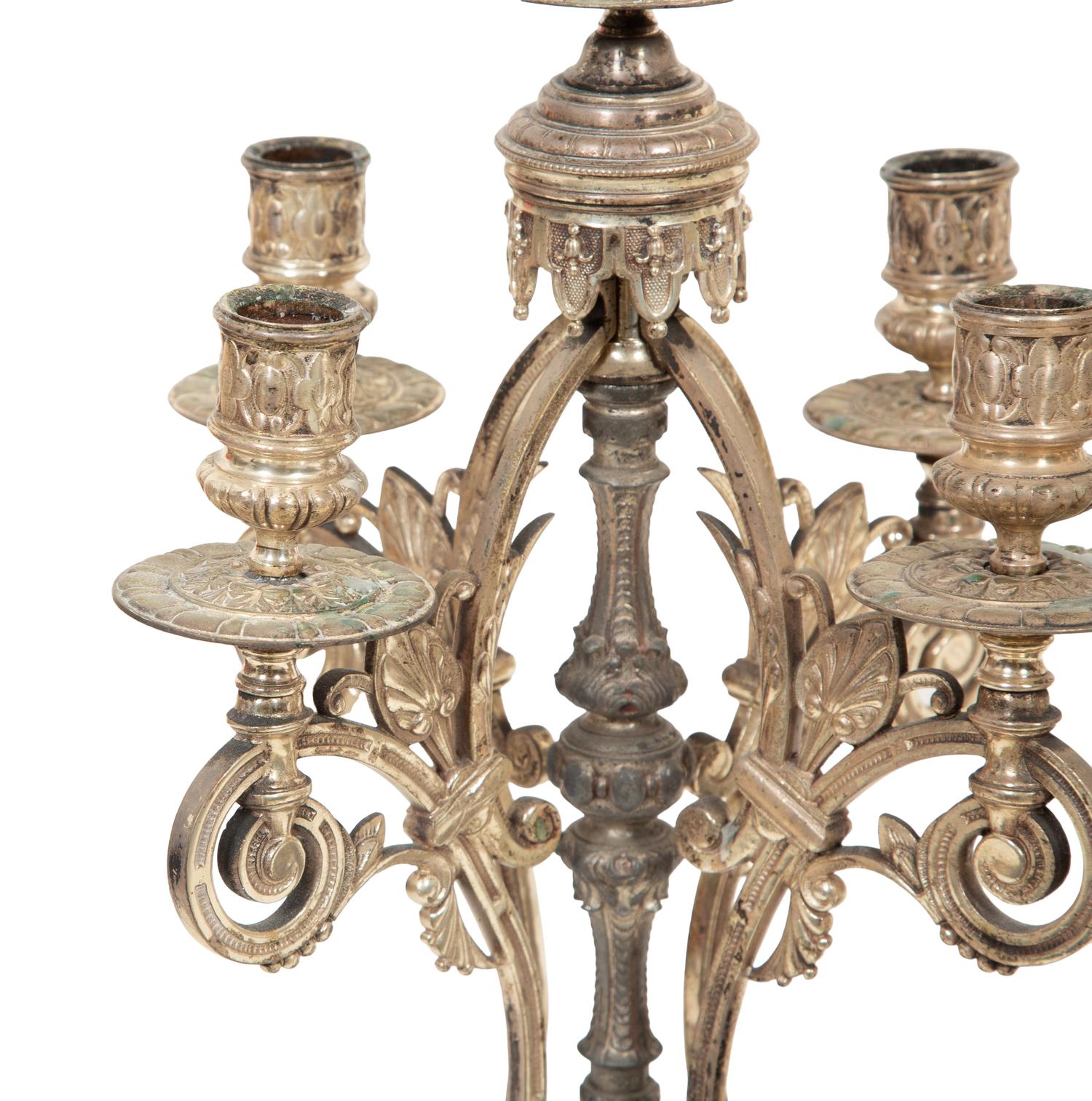 A Pair of English Silver-Plate Five-Light Candelabra