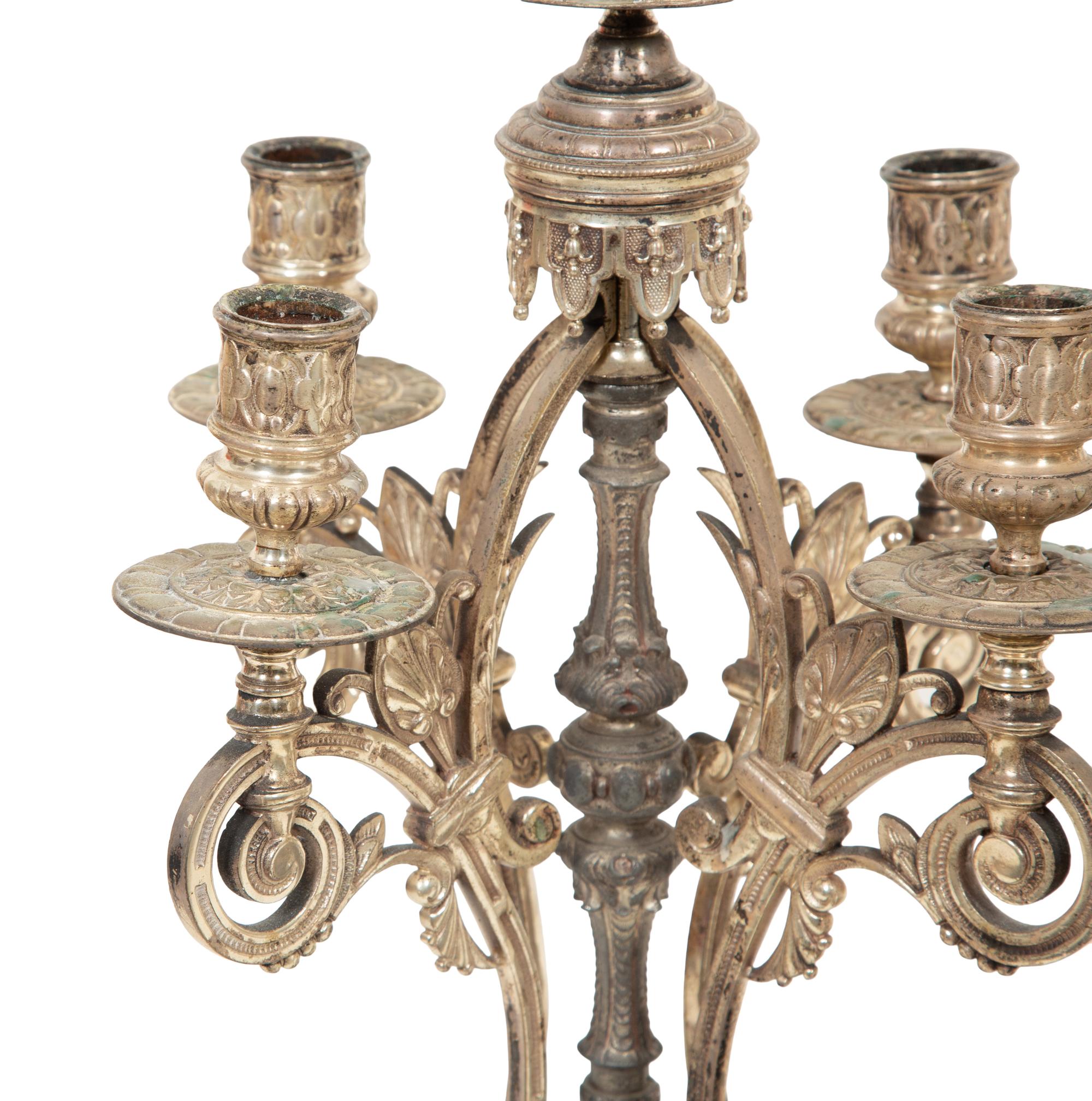 A Pair of English Silver-Plate Five-Light Candelabra
