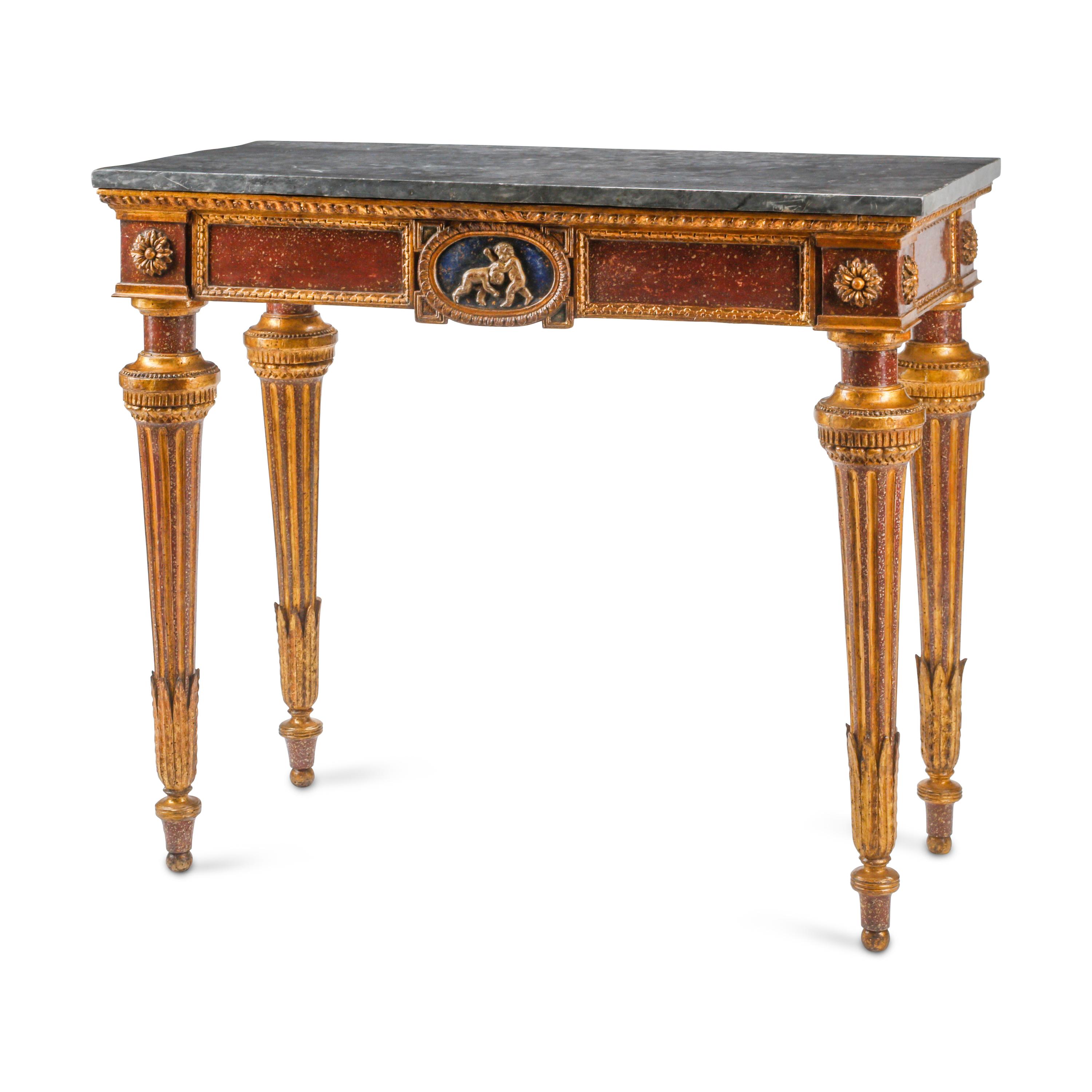 An Italian Neoclassical Painted and Parcel Gilt Marble-Top Console Table