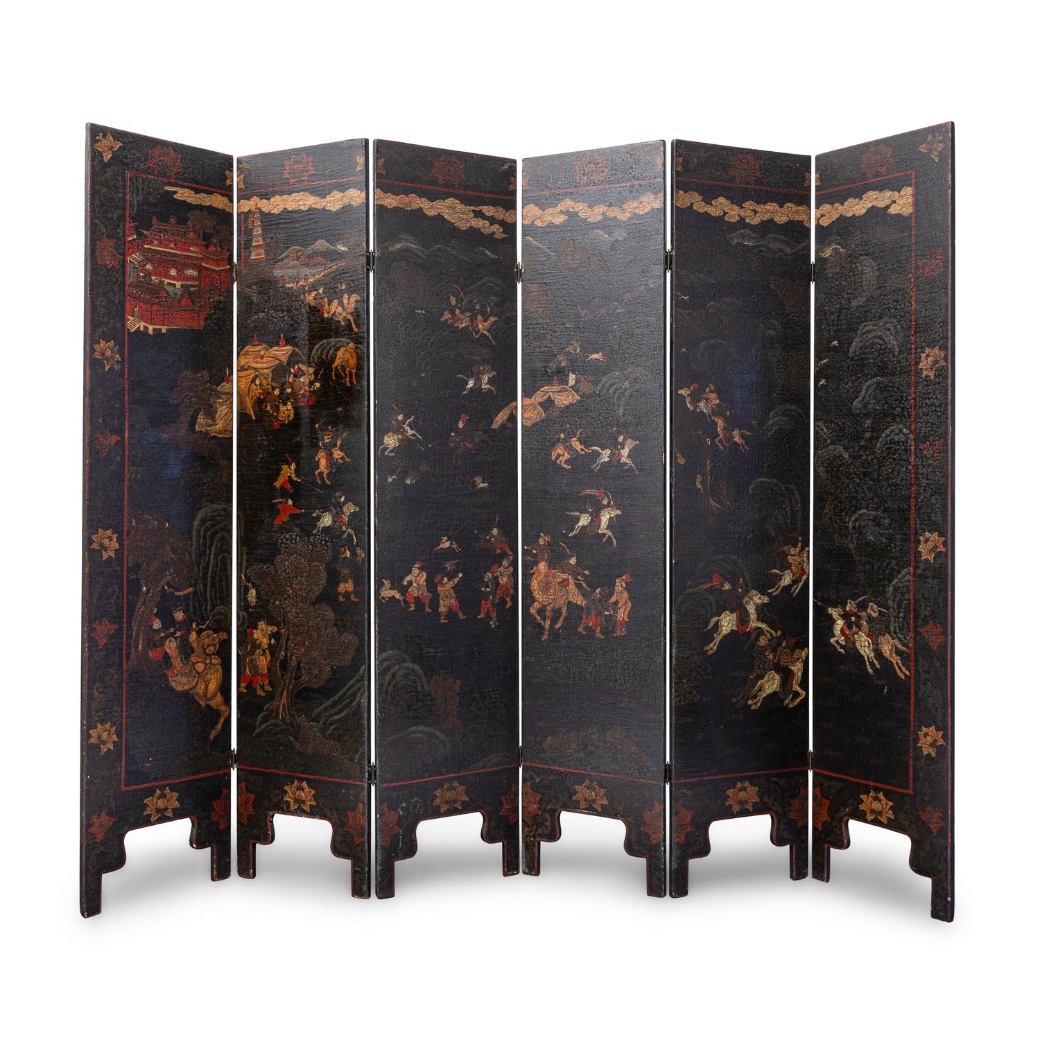 A Chinese Painted Leather Six-Panel Floor Screen