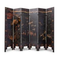 A Chinese Painted Leather Six-Panel Floor Screen