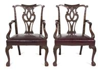 A Pair of George II Style Carved Mahogany Open Armchairs Height 38 inches. — 19TH CENTURY