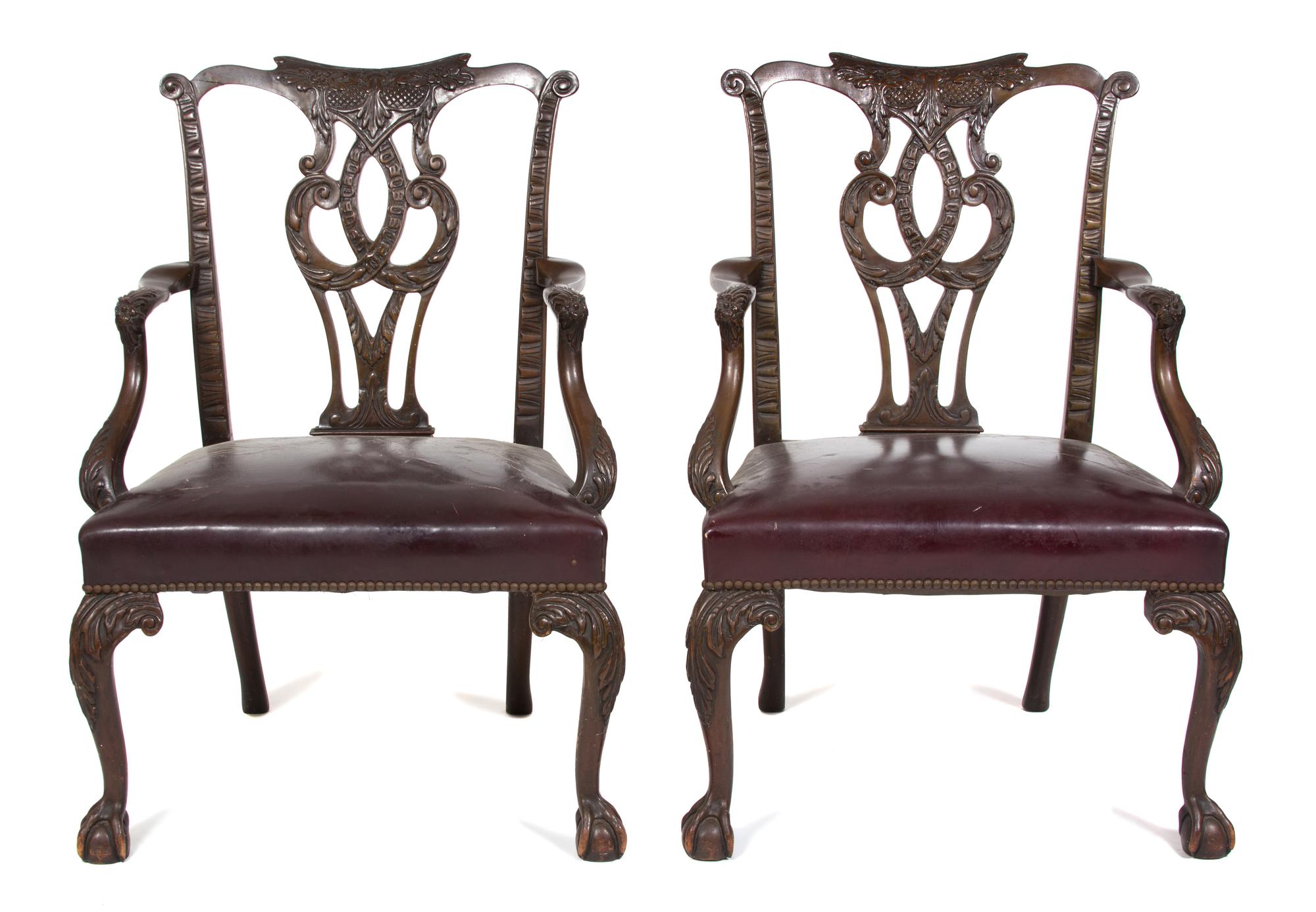 A Pair of George II Style Carved Mahogany Open Armchairs Height 38 inches. — 19TH CENTURY