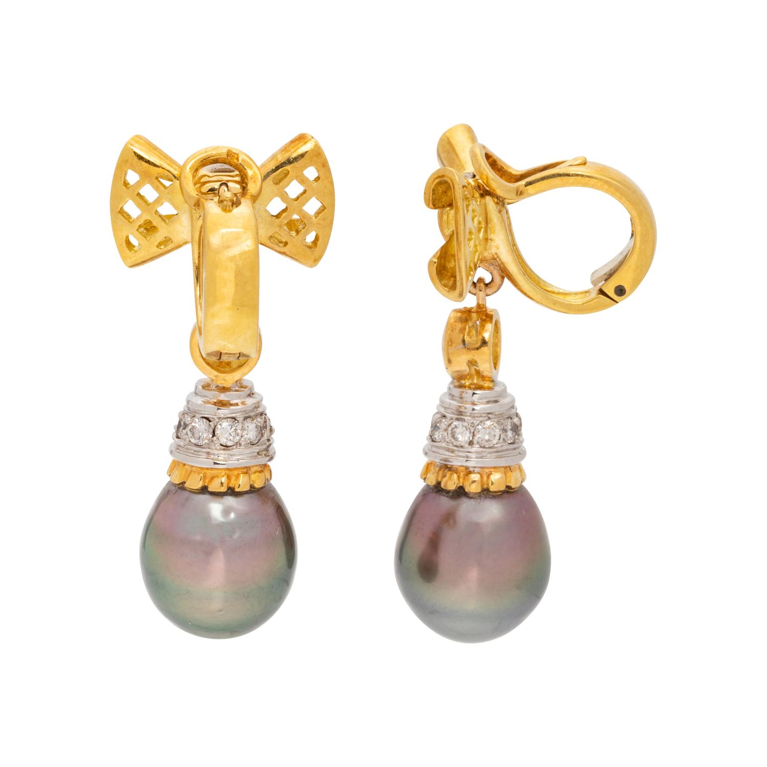 CULTURED TAHITIAN PEARL AND DIAMOND EARCLIPS