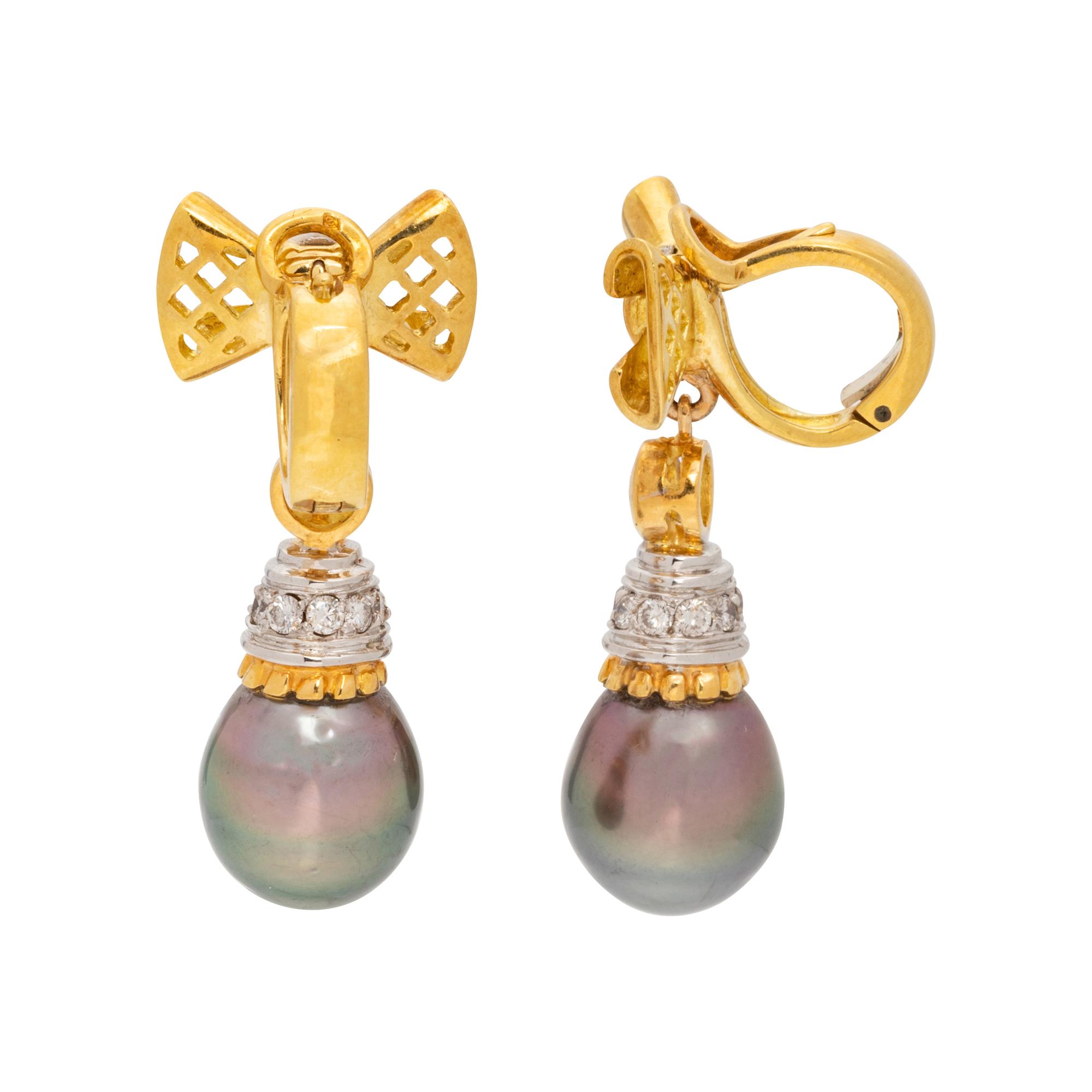 CULTURED TAHITIAN PEARL AND DIAMOND EARCLIPS