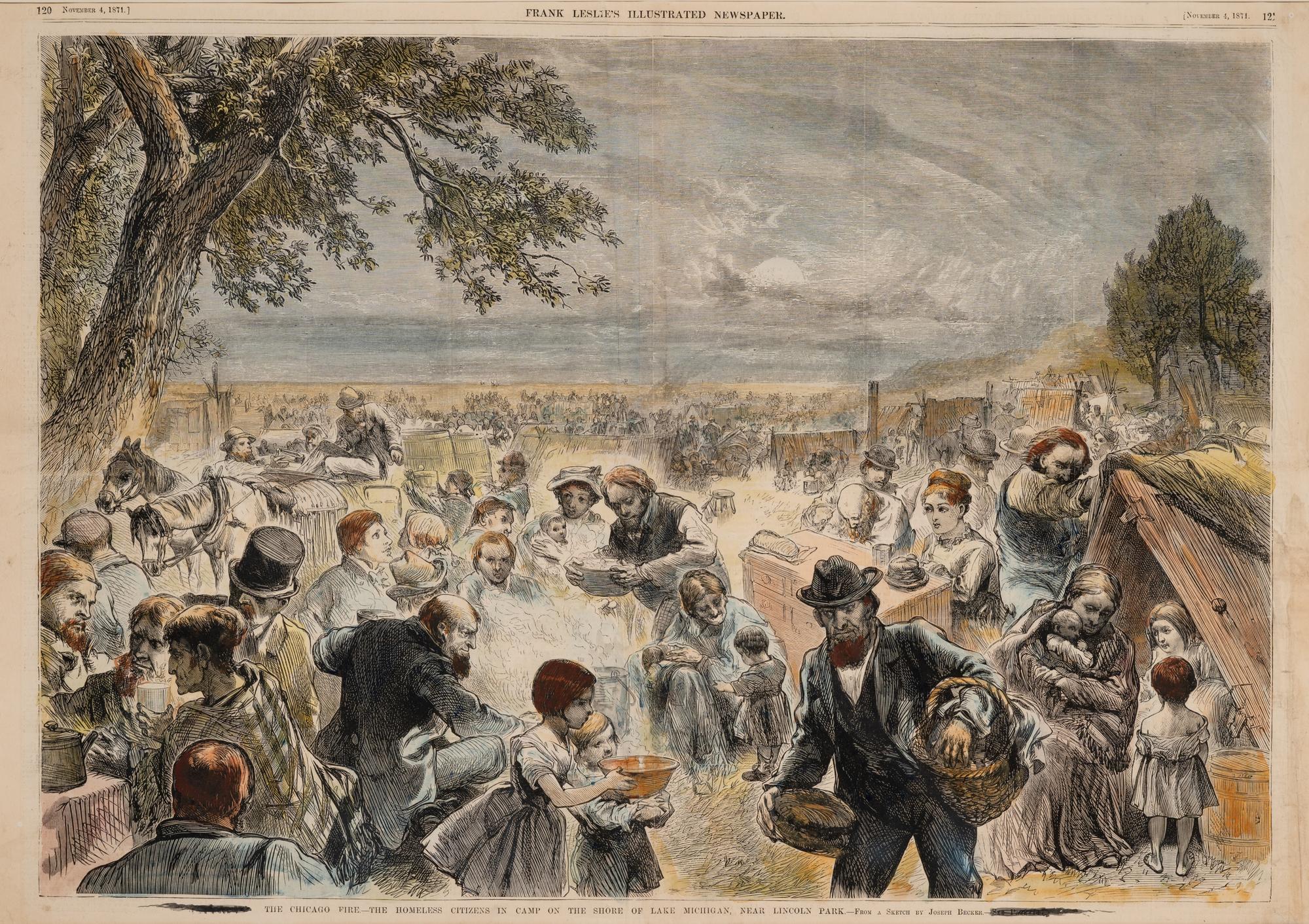 BECKER, Joseph. The Homeless Citizens in Camp on the Shore of Lake Michigan, Near Lincoln Park : Chicago, Frank Leslie's Newspaper, 1871.