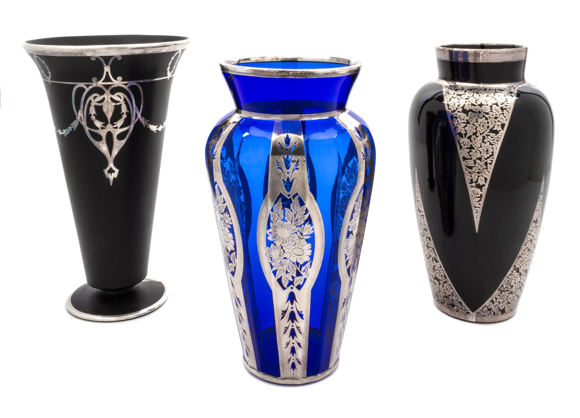 Three Silver Overlay Glass Vases Height of first 10 3/8 inches.