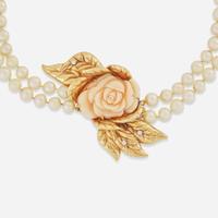 A 14K Yellow Gold, Pearl, Coral, and Diamond Necklace