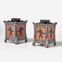 A Near Pair of Wedgwood Encaustic-Decorated Black Basalt Bulb Pots UK, circa 1800