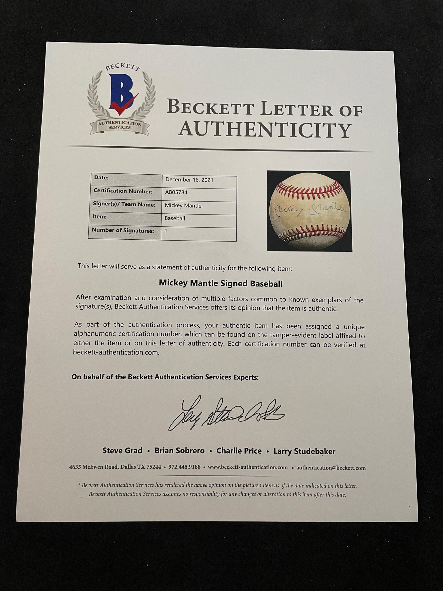 A Mickey Mantle Signed Autograph Baseball (Beckett Authentication Services Letter BAS Certified),