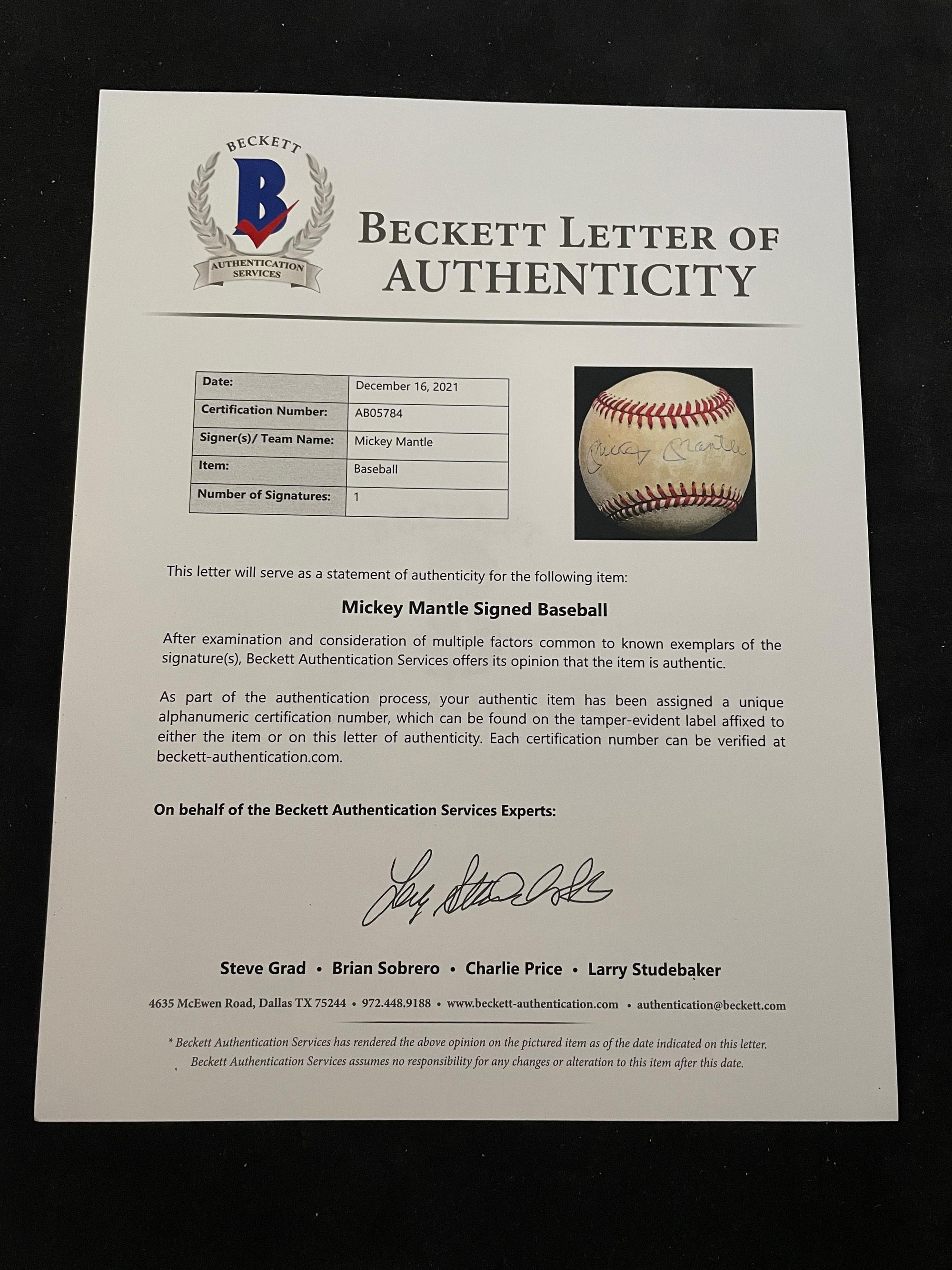 A Mickey Mantle Signed Autograph Baseball (Beckett Authentication Services Letter BAS Certified),