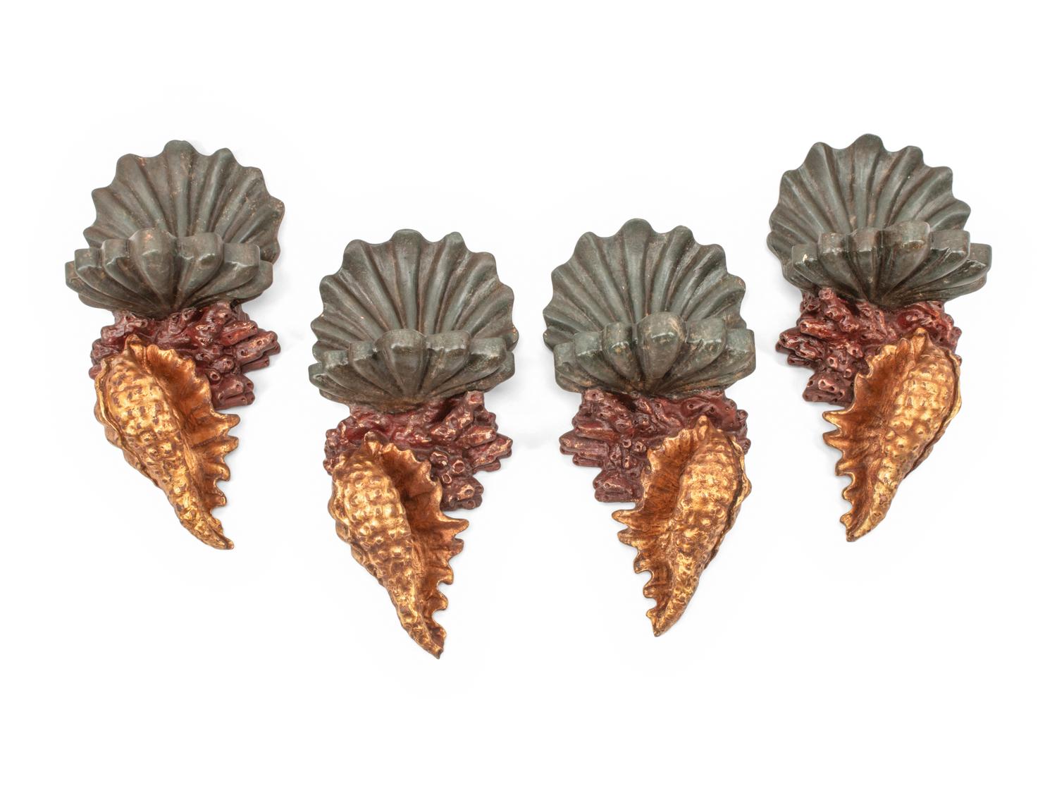 A Set of Four Italian Carved, Painted and Parcel Gilt "Grotto" Style Wall Brackets
