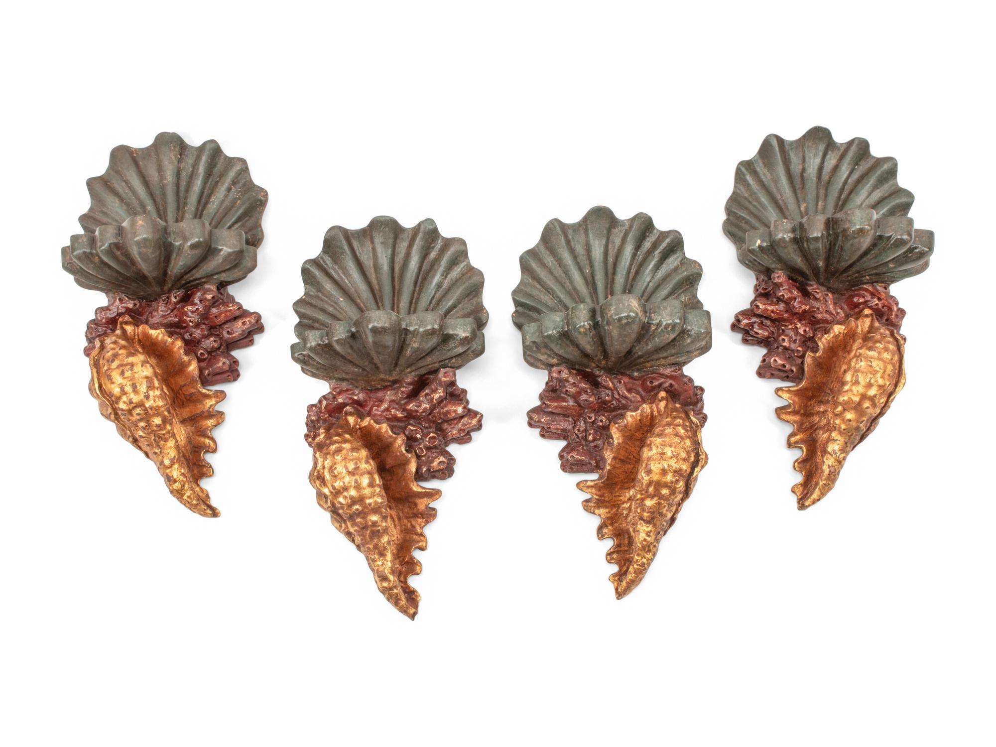 A Set of Four Italian Carved, Painted and Parcel Gilt "Grotto" Style Wall Brackets