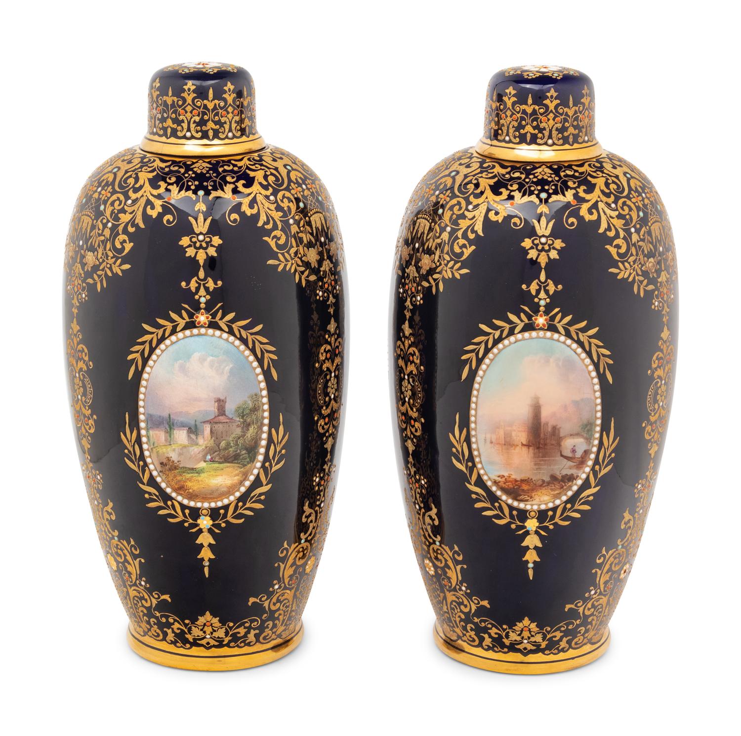 A Pair of Coalport Porcelain Covered Vases