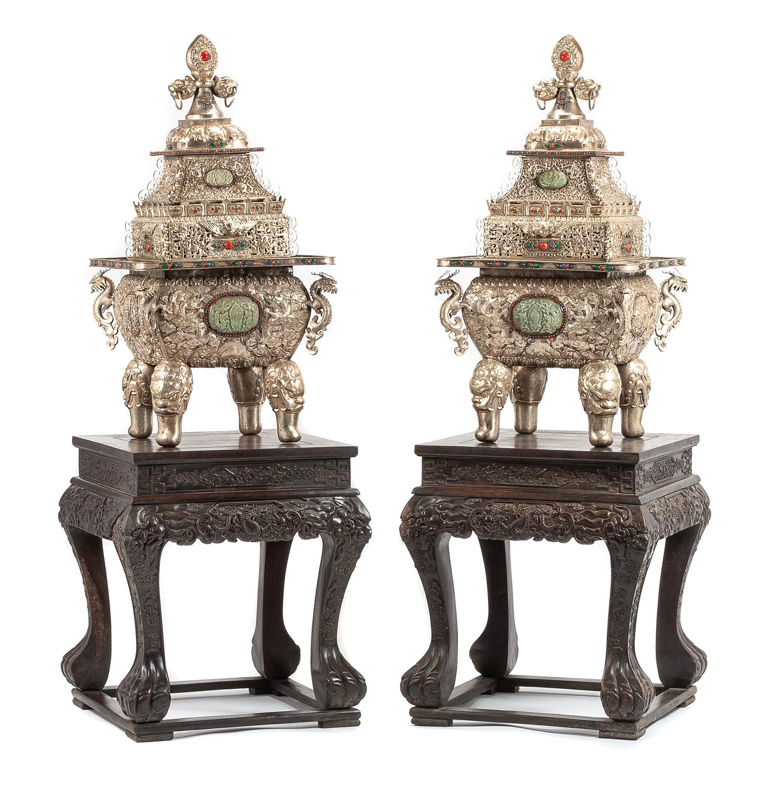 A Pair of Large Semi-Precious Stone Inset Silvered Metal Censers Height of taller example 41 inches.