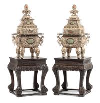A Pair of Large Semi-Precious Stone Inset Silvered Metal Censers Height of taller example 41 inches.