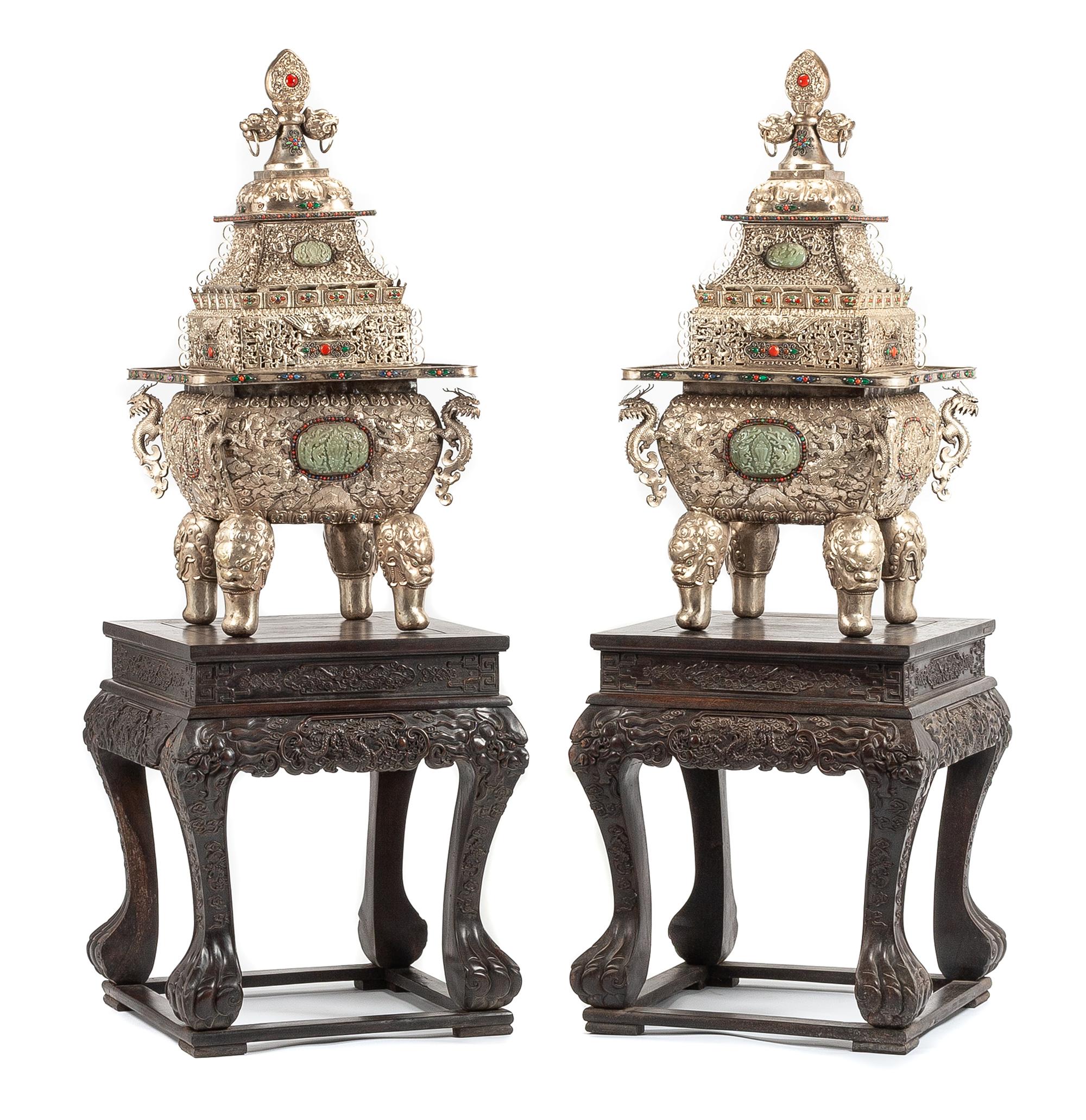 A Pair of Large Semi-Precious Stone Inset Silvered Metal Censers Height of taller example 41 inches.