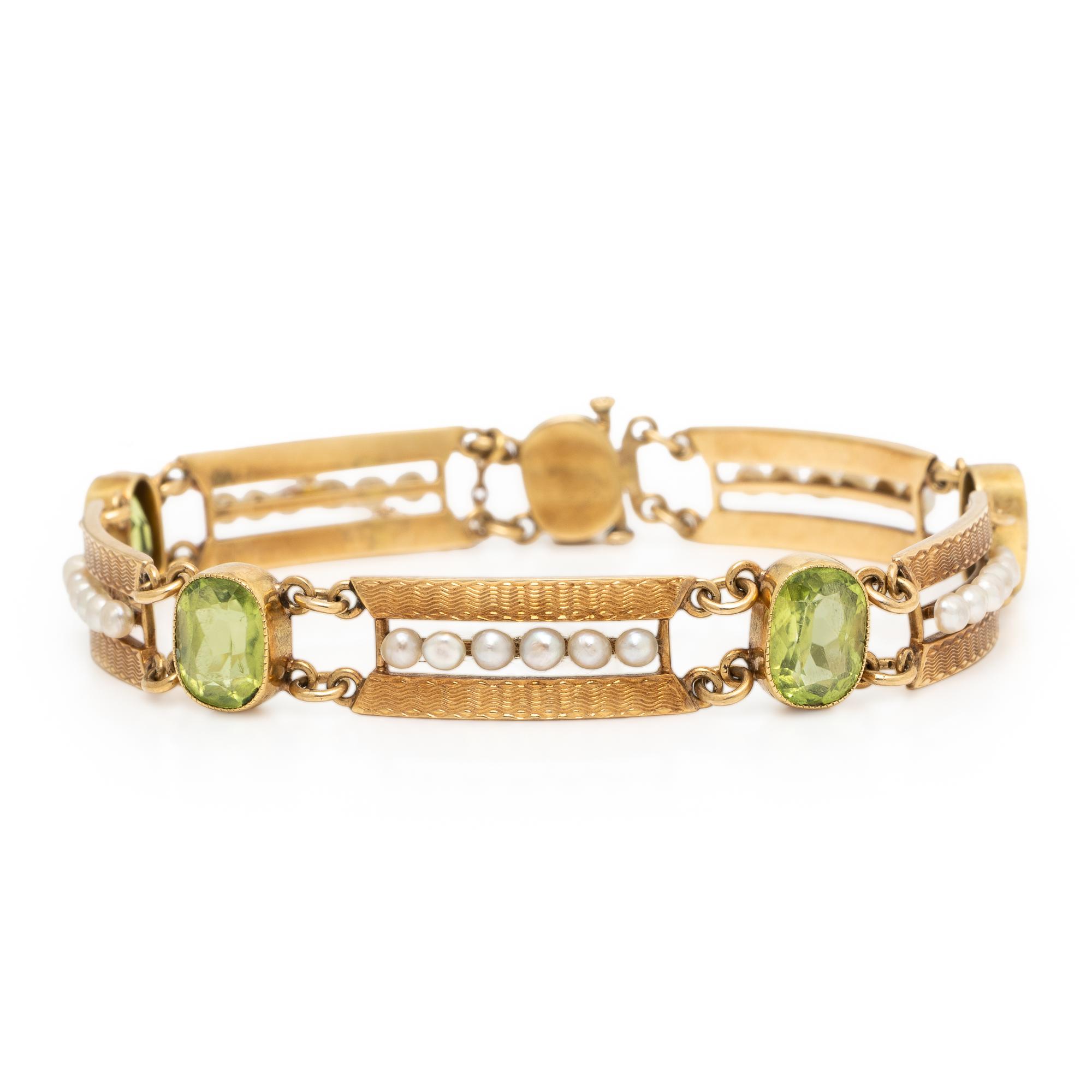 Peridot, Seed Pearl, and Yellow Gold Bracelet