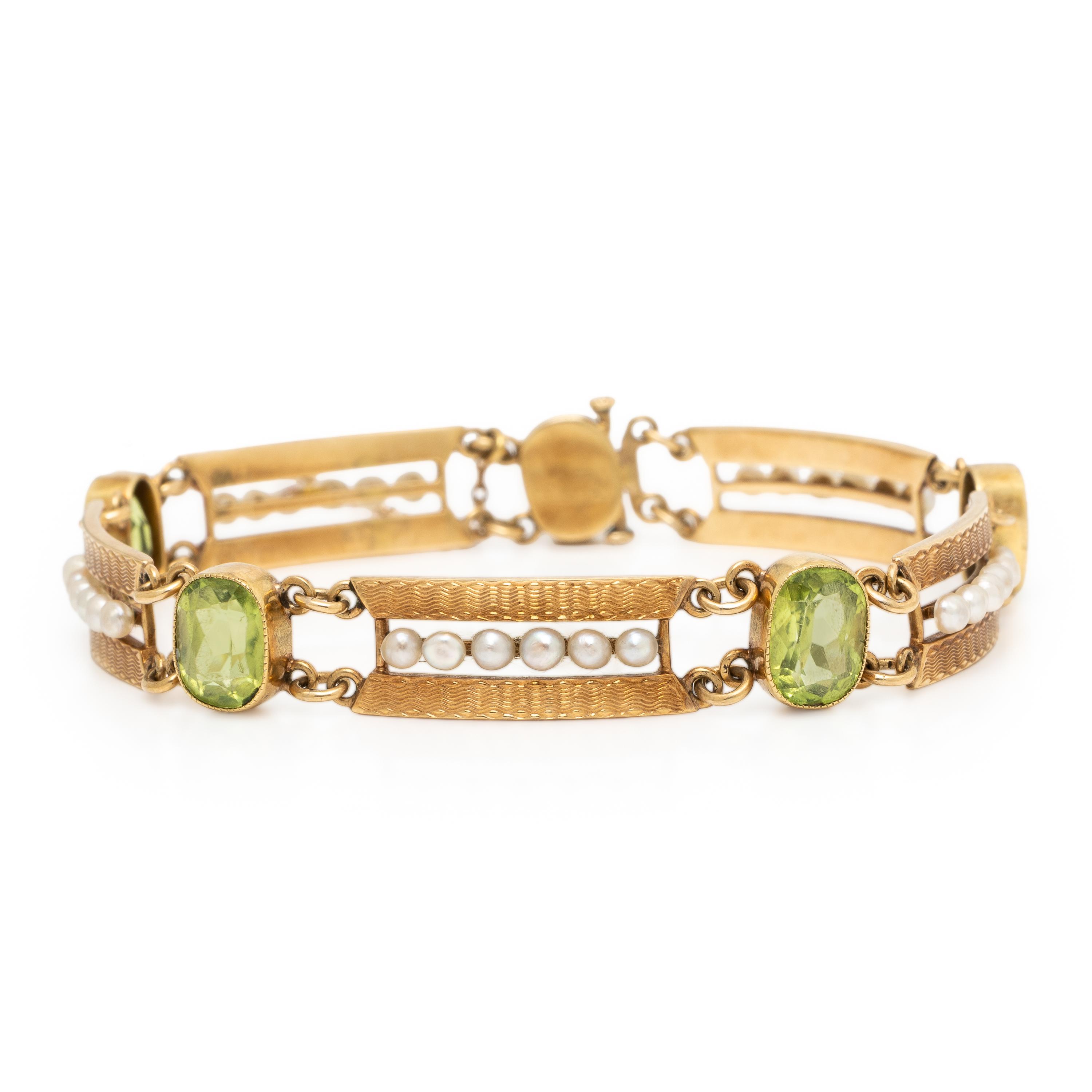Peridot, Seed Pearl, and Yellow Gold Bracelet