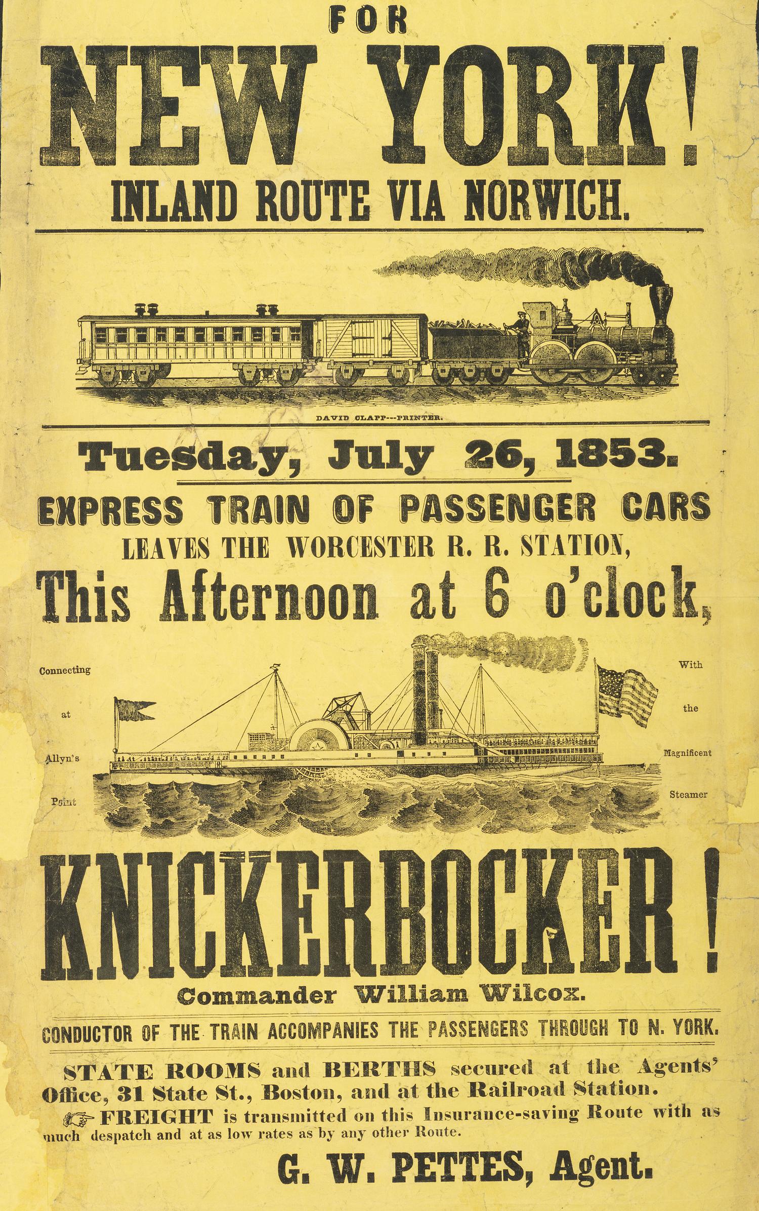 [TRANSPORTATION]. For New York! Inland route via Norwich. [Boston?]: David Clapp, 1853.