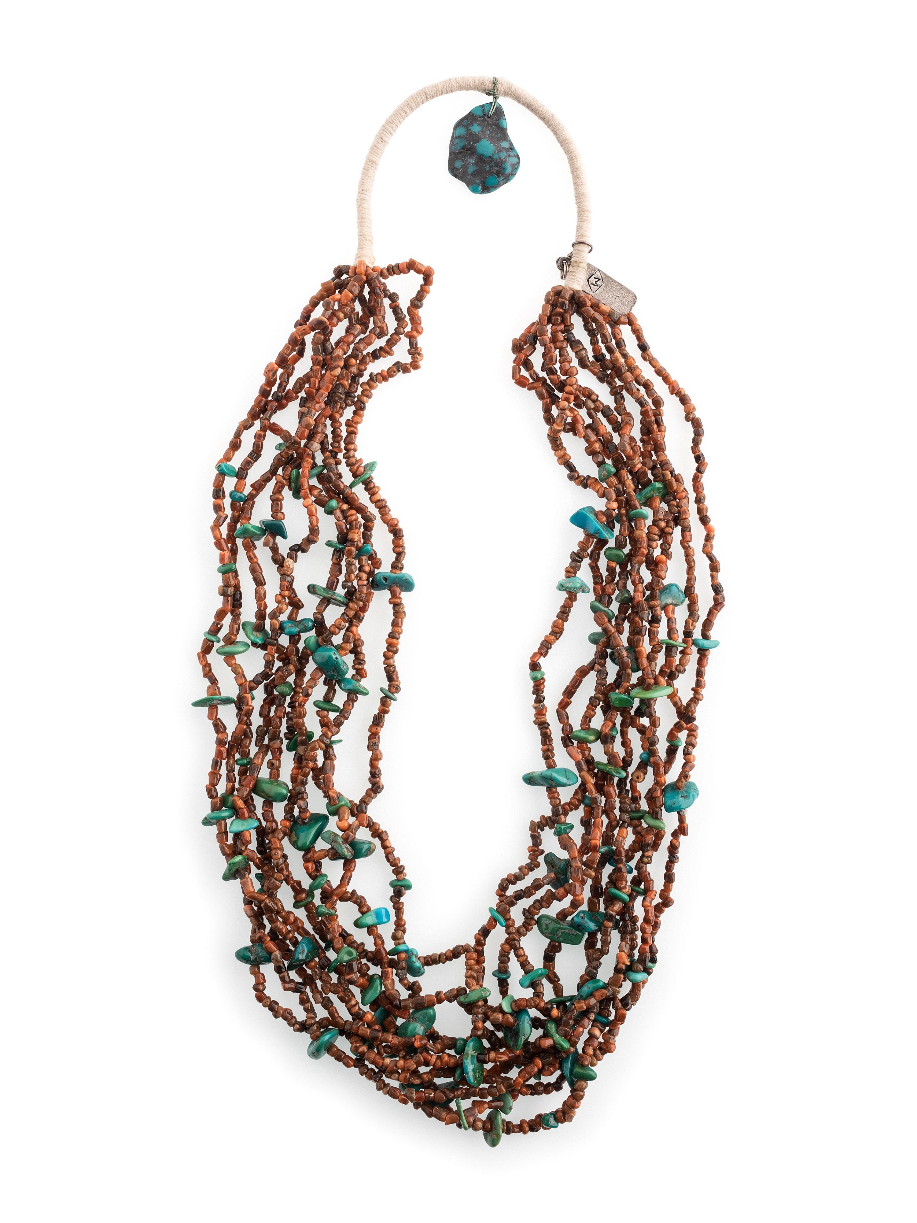 Ten-Strand Necklace, with Coral and Turquoise
