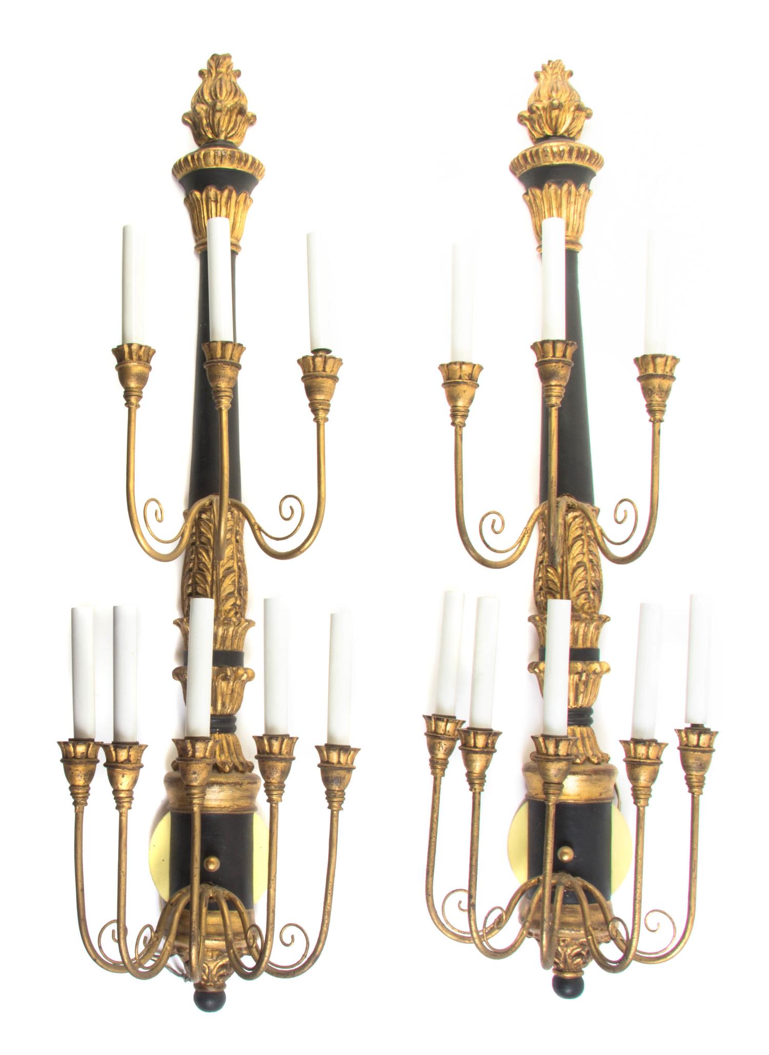 A Pair of Regency Style Painted and Parcel Gilt Eight-Light Sconces, Height 38 inches.