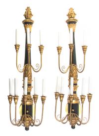 A Pair of Regency Style Painted and Parcel Gilt Eight-Light Sconces, Height 38 inches.