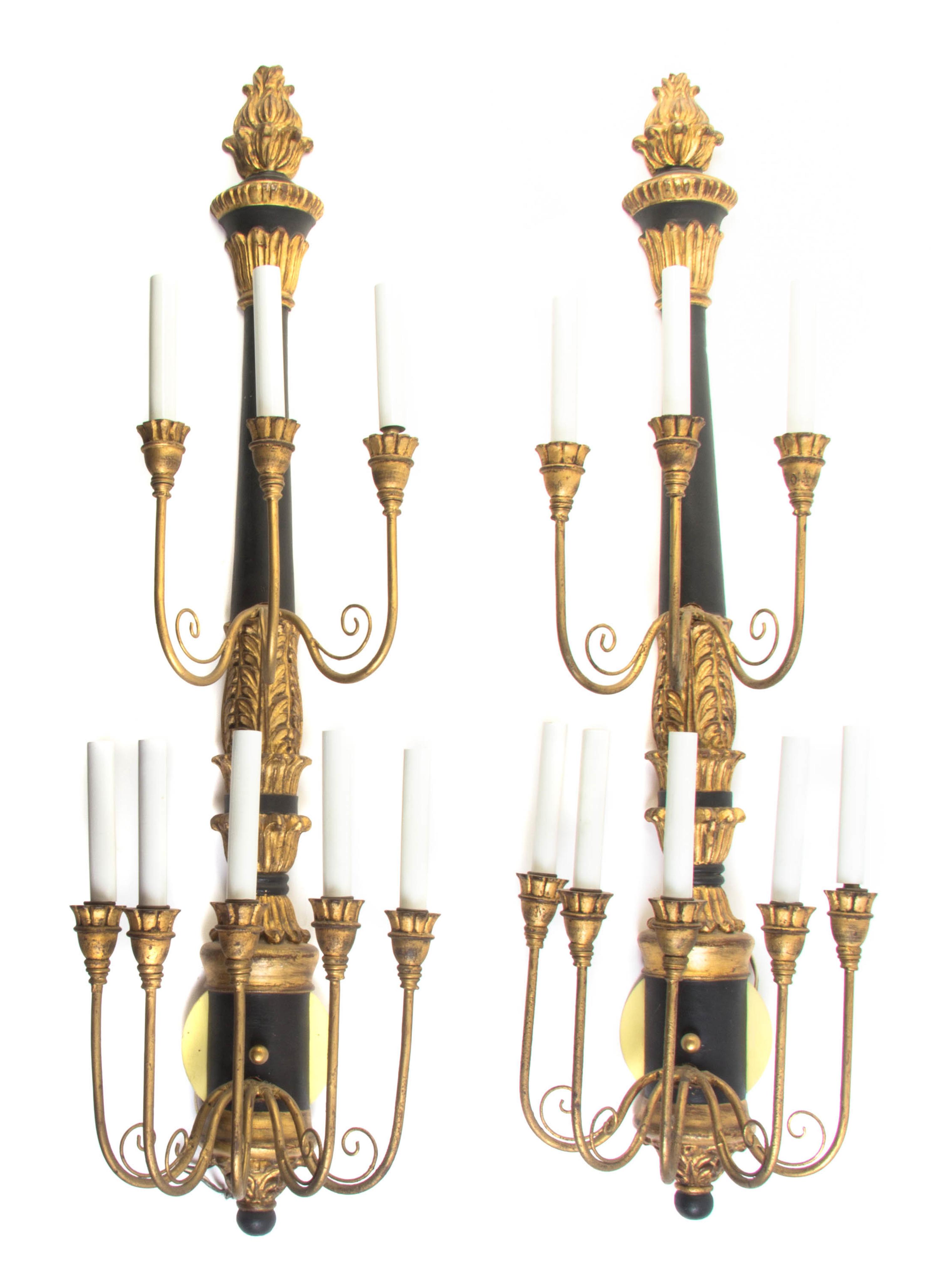 A Pair of Regency Style Painted and Parcel Gilt Eight-Light Sconces, Height 38 inches.