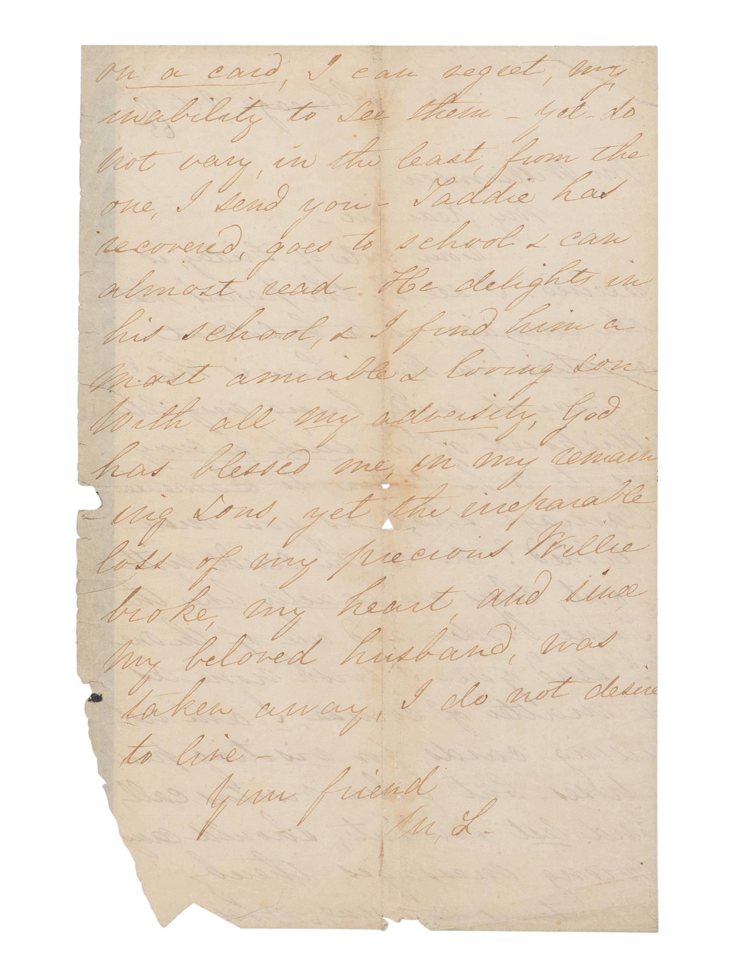 LINCOLN, Mary Todd (1818-1882). Autograph letter signed ("M.L.") to Alexander Williamson, Chicago, 10 October 1865.